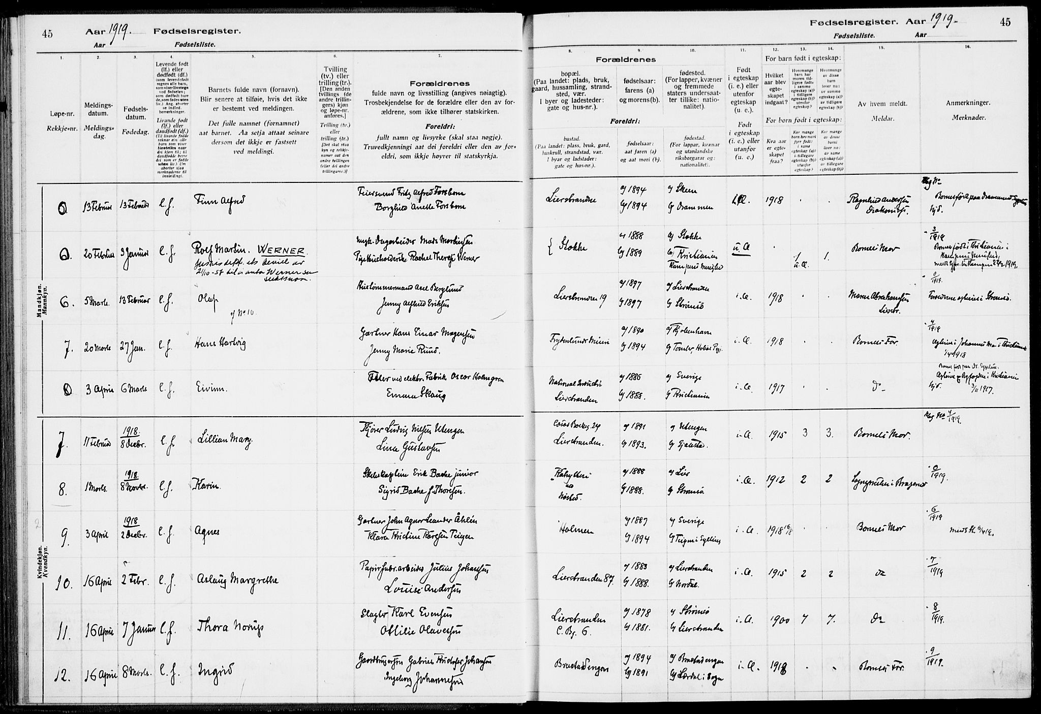 Lier kirkebøker, AV/SAKO-A-230/J/Ja/L0001: Birth register no. 1, 1916-1928, p. 45