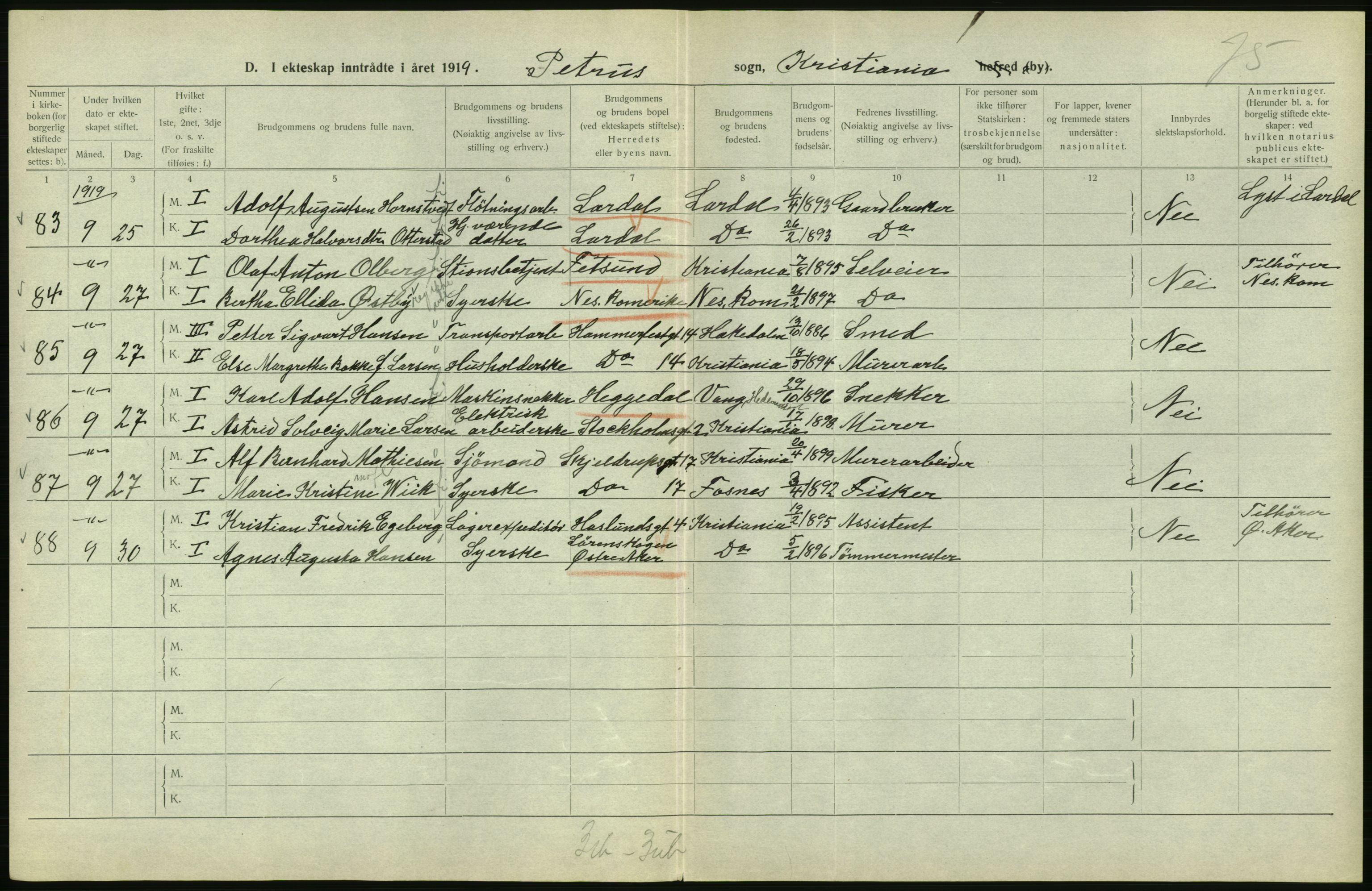 Statistisk sentralbyrå, Sosiodemografiske emner, Befolkning, AV/RA-S-2228/D/Df/Dfb/Dfbi/L0009: Kristiania: Gifte, 1919, p. 444