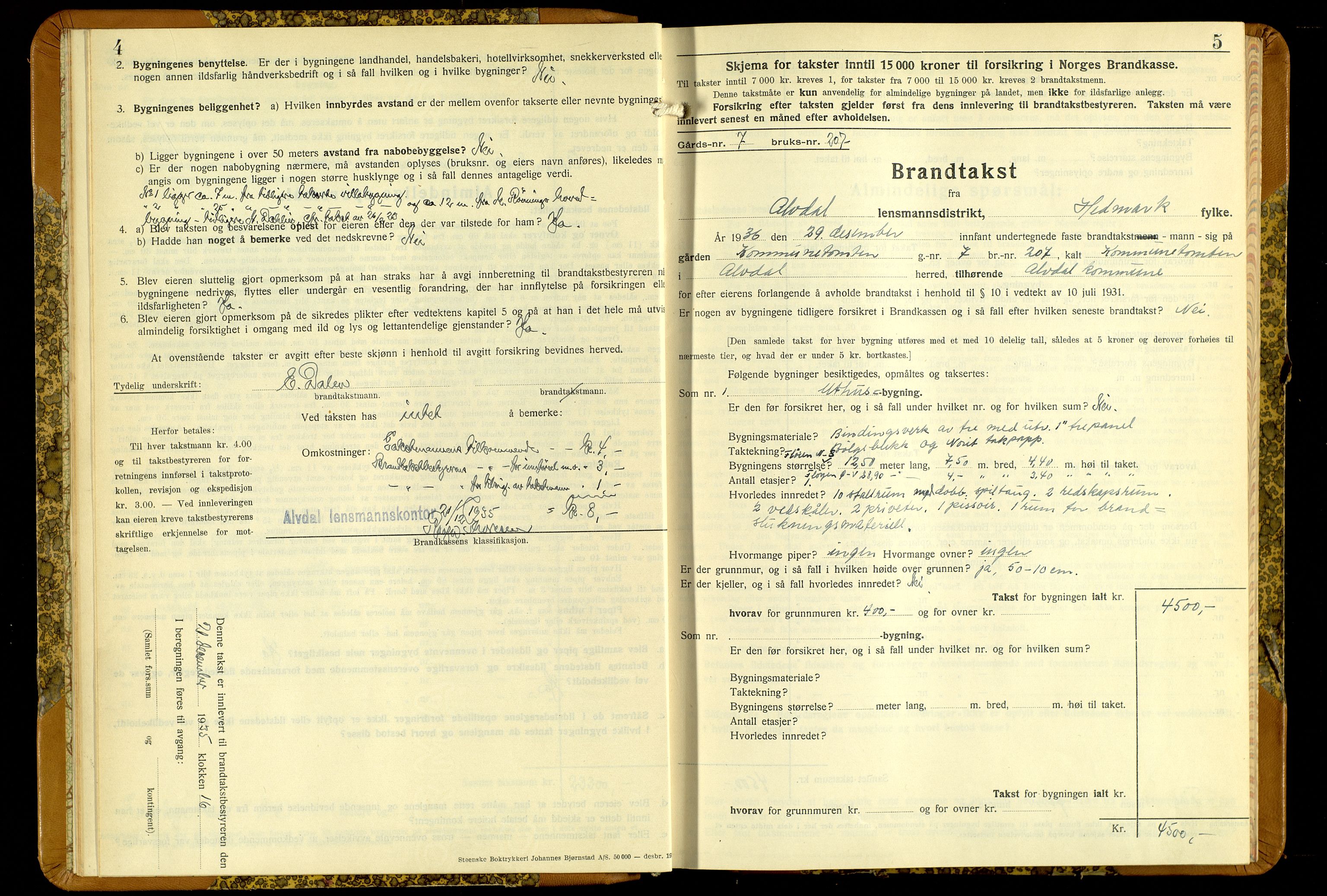 Norges Brannkasse, Alvdal og Folldal, AV/SAH-NBRANA-026/F/L0006: Branntakstprotokoll, 1935-1955, p. 4-5