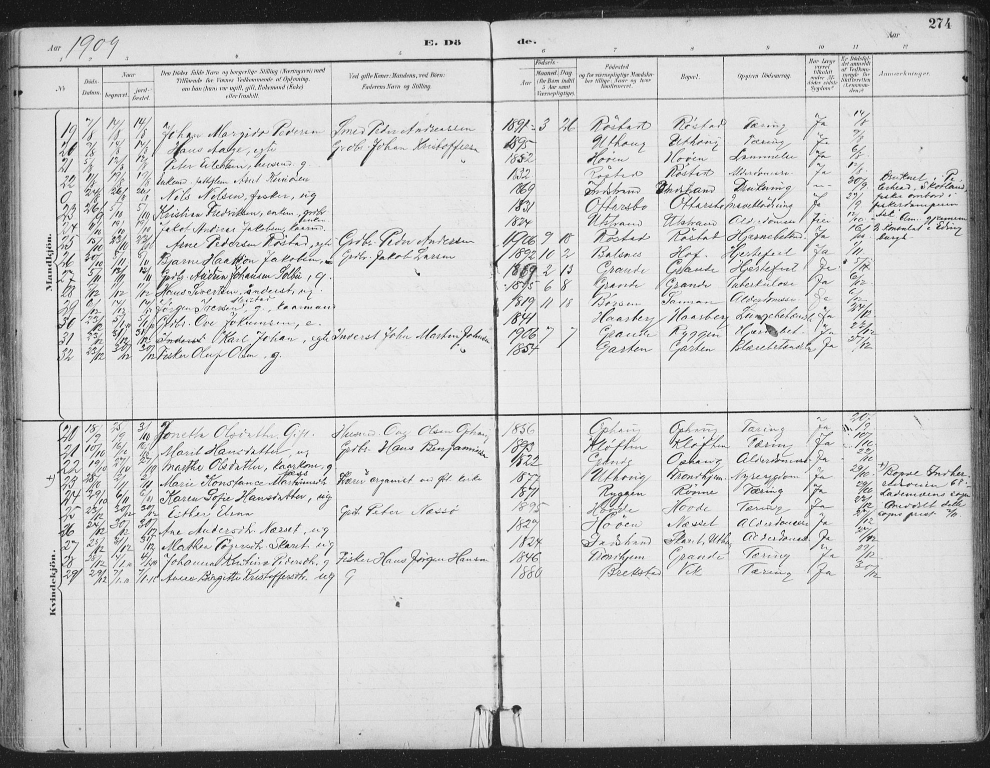 Ministerialprotokoller, klokkerbøker og fødselsregistre - Sør-Trøndelag, SAT/A-1456/659/L0743: Parish register (official) no. 659A13, 1893-1910, p. 274