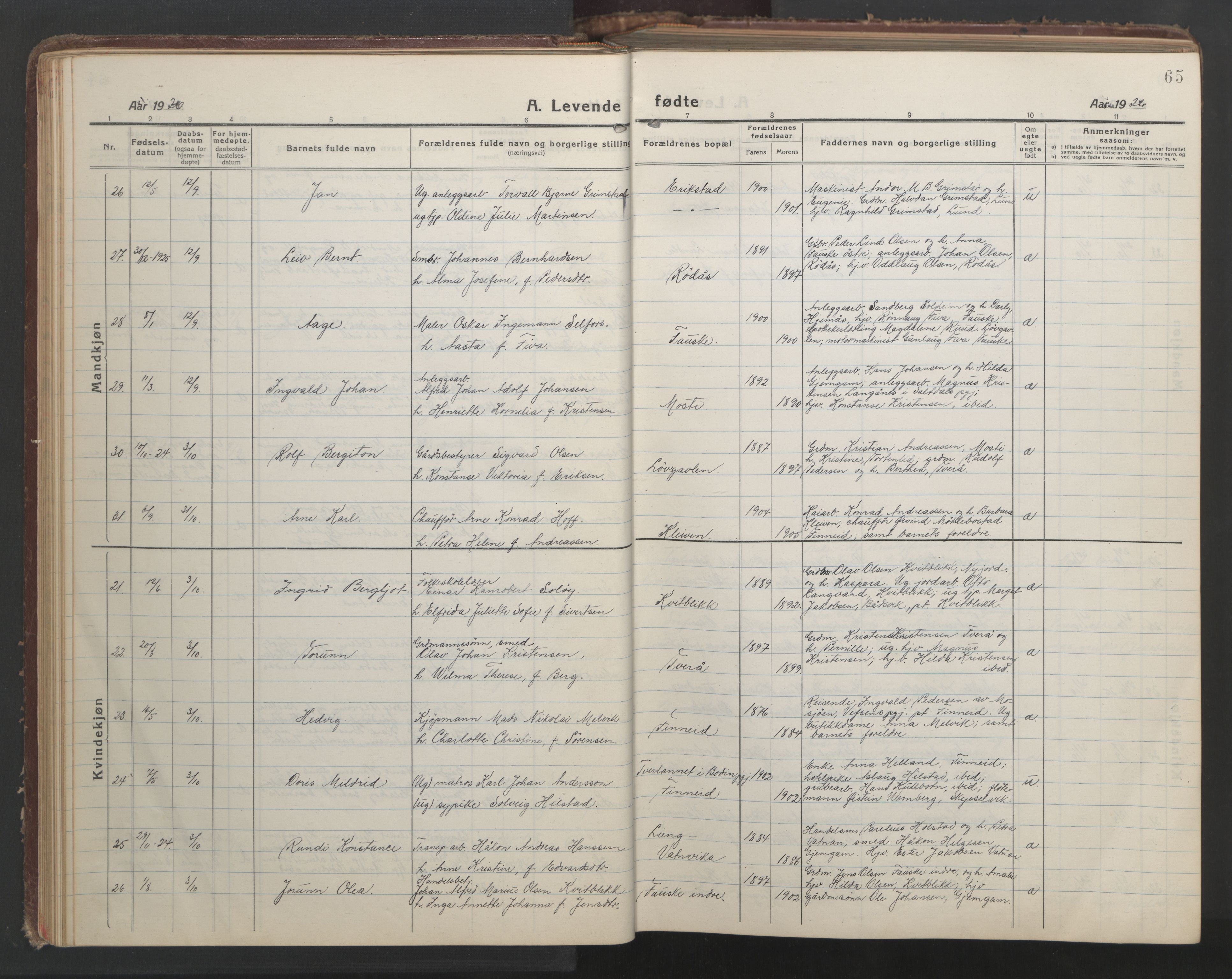 Ministerialprotokoller, klokkerbøker og fødselsregistre - Nordland, AV/SAT-A-1459/849/L0700: Parish register (copy) no. 849C01, 1919-1946, p. 65