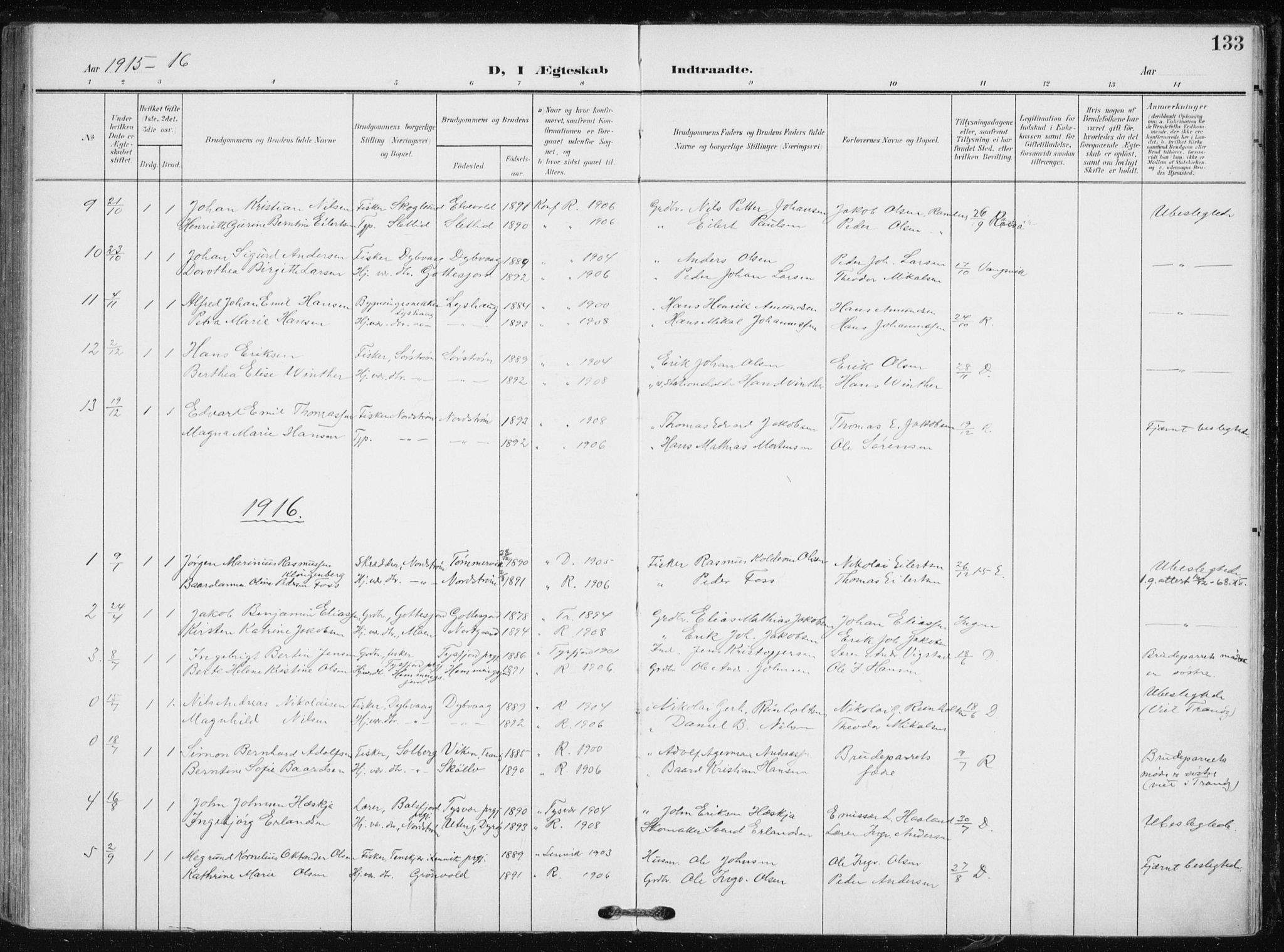 Tranøy sokneprestkontor, SATØ/S-1313/I/Ia/Iaa/L0012kirke: Parish register (official) no. 12, 1905-1918, p. 133