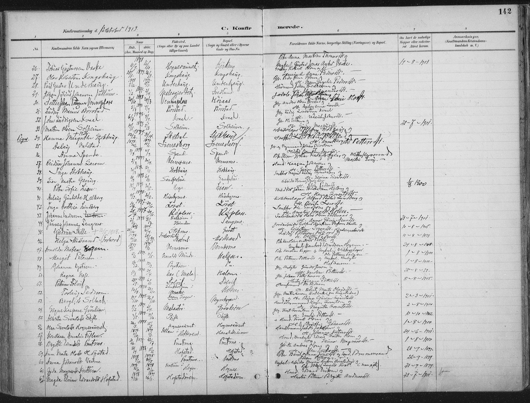 Ministerialprotokoller, klokkerbøker og fødselsregistre - Nord-Trøndelag, SAT/A-1458/709/L0082: Parish register (official) no. 709A22, 1896-1916, p. 142