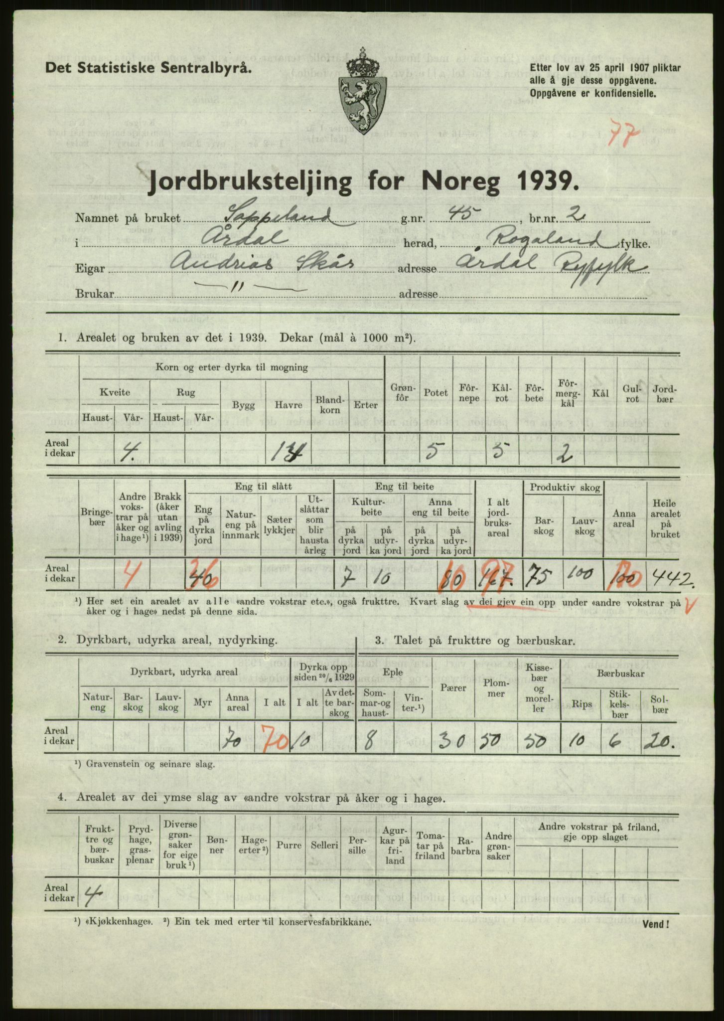 Statistisk sentralbyrå, Næringsøkonomiske emner, Jordbruk, skogbruk, jakt, fiske og fangst, AV/RA-S-2234/G/Gb/L0184: Rogaland: Årdal, Fister og Hjelmeland, 1939, p. 757