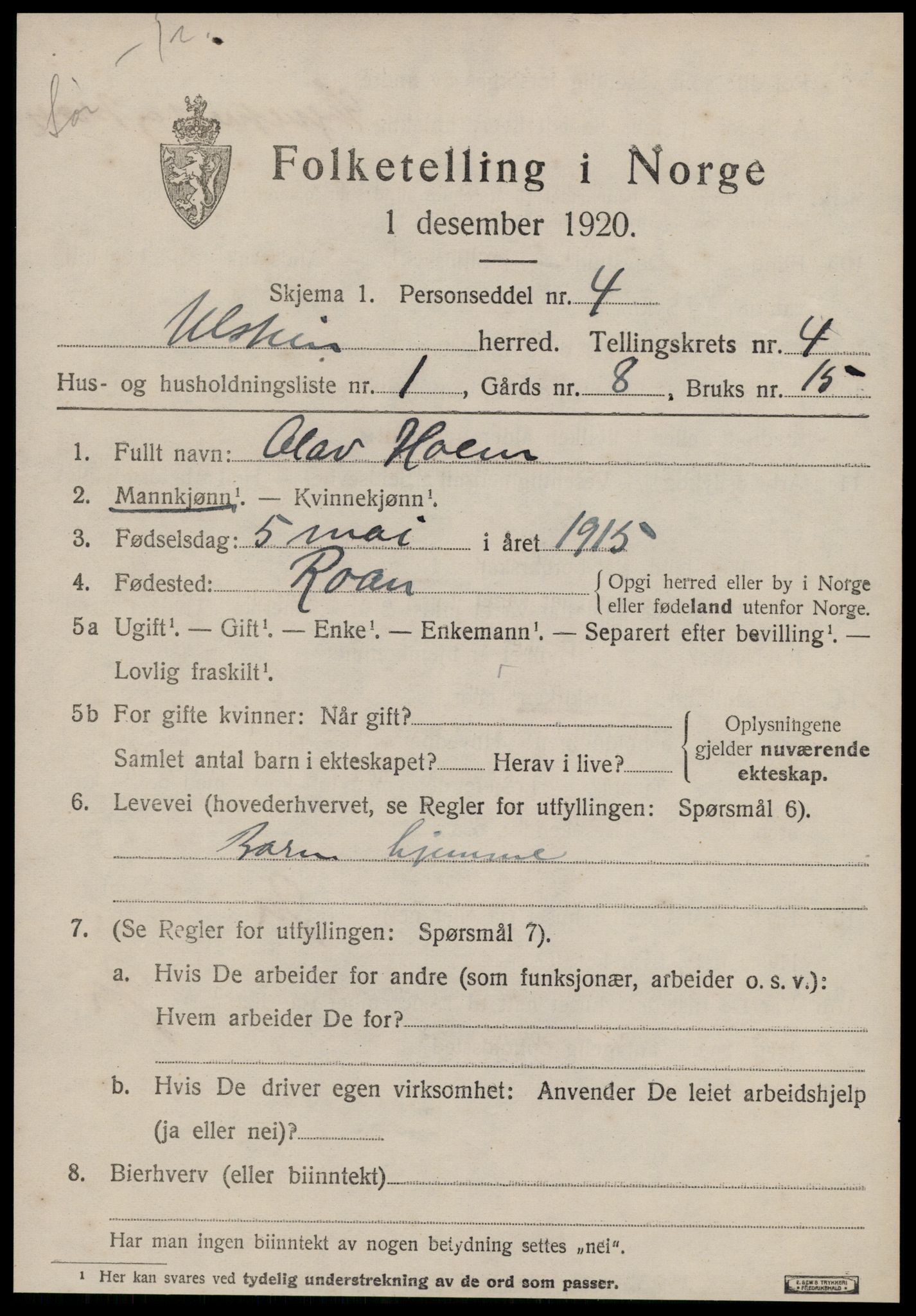 SAT, 1920 census for Ulstein, 1920, p. 2620