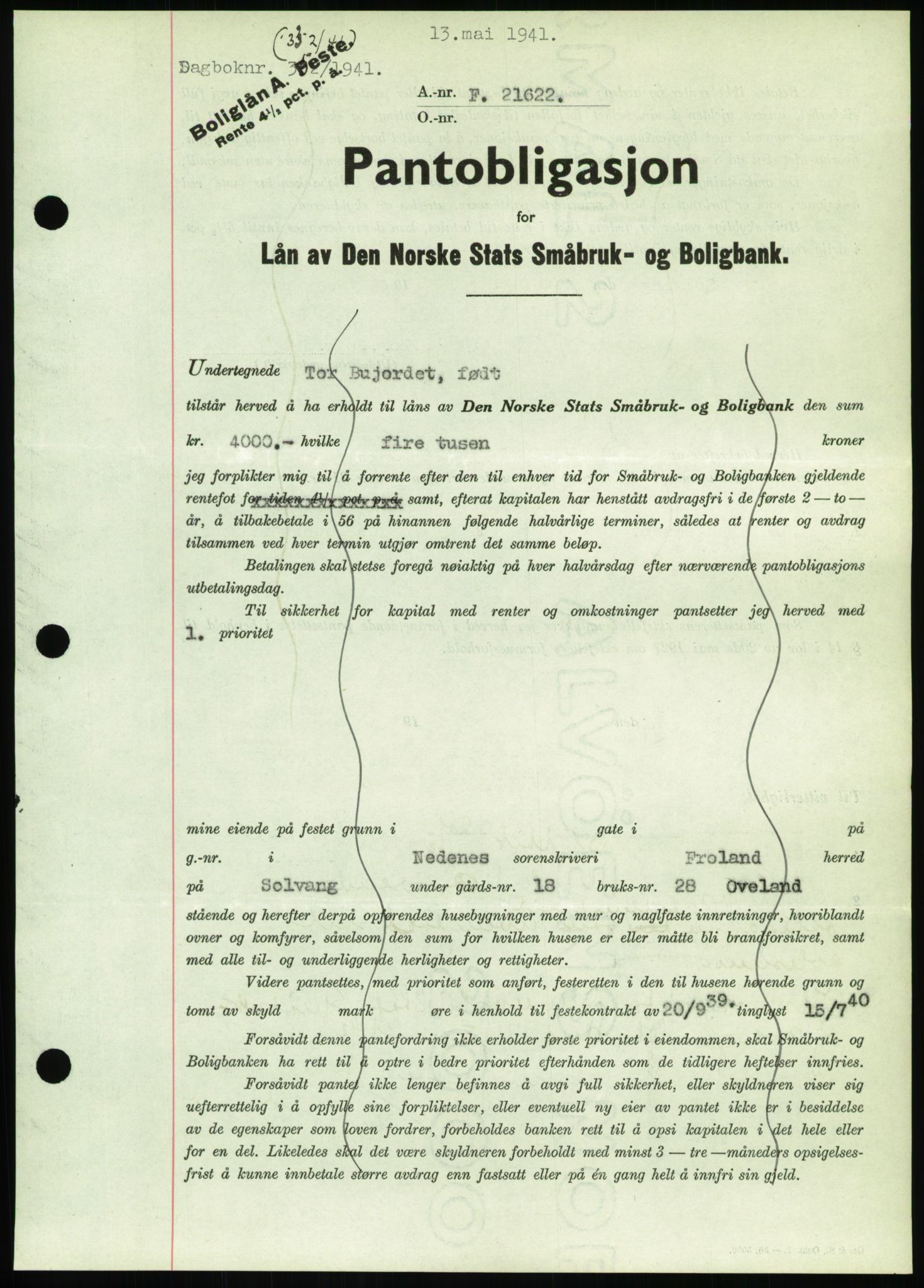 Nedenes sorenskriveri, SAK/1221-0006/G/Gb/Gbb/L0001: Mortgage book no. I, 1939-1942, Diary no: : 332/1941