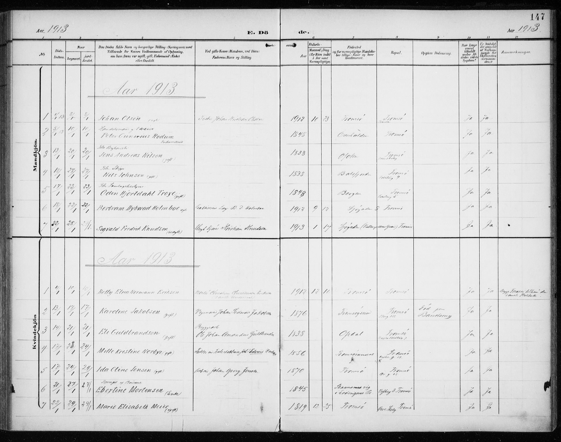 Tromsø sokneprestkontor/stiftsprosti/domprosti, SATØ/S-1343/G/Ga/L0018kirke: Parish register (official) no. 18, 1907-1917, p. 147