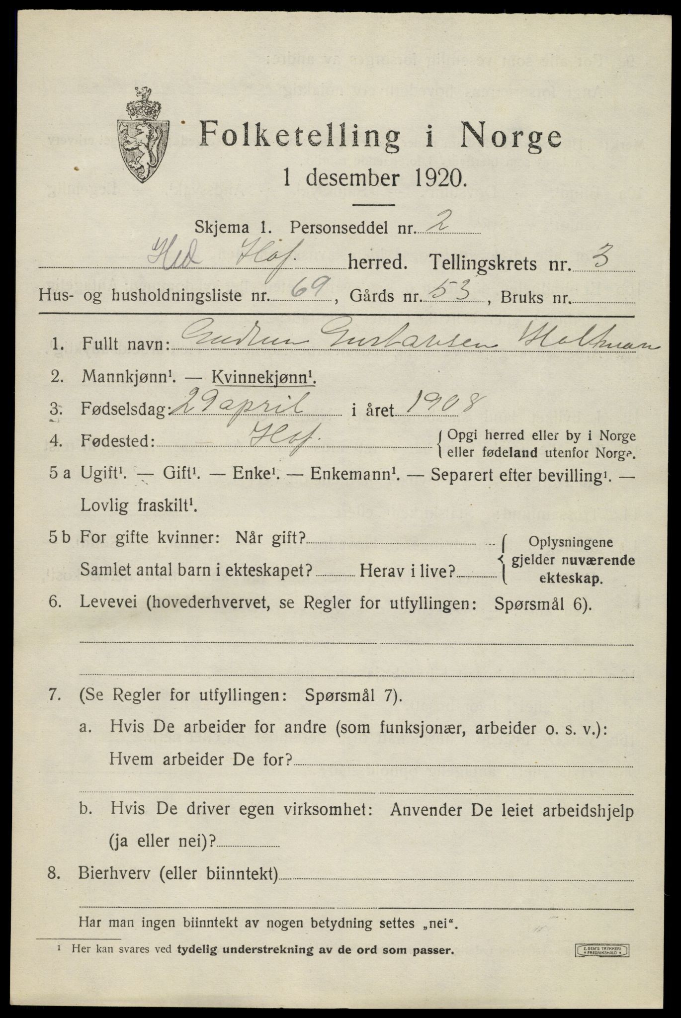 SAH, 1920 census for Hof, 1920, p. 4747