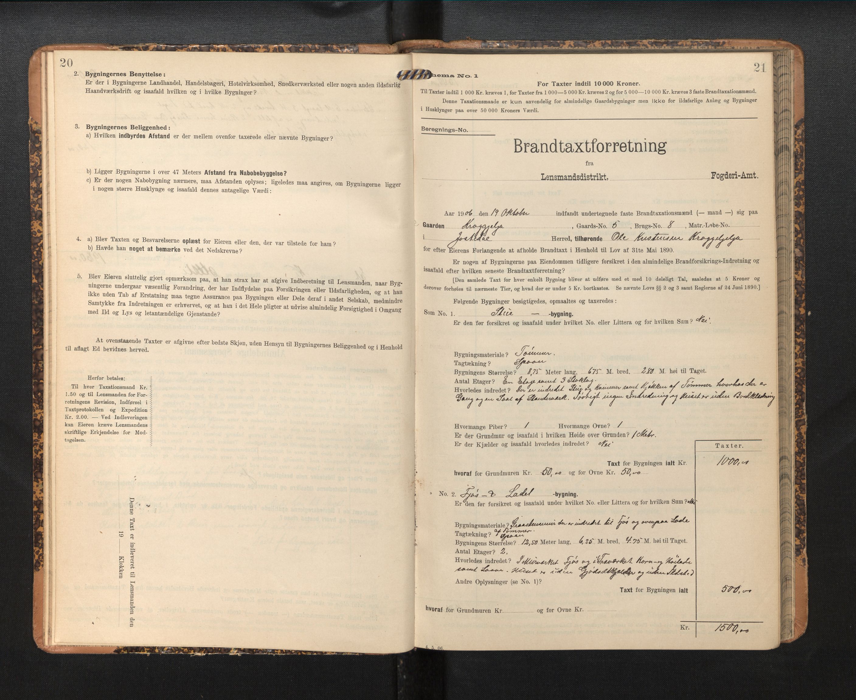Lensmannen i Jostedal, SAB/A-28601/0012/L0004: Branntakstprotokoll, skjematakst, 1906-1919, p. 20-21