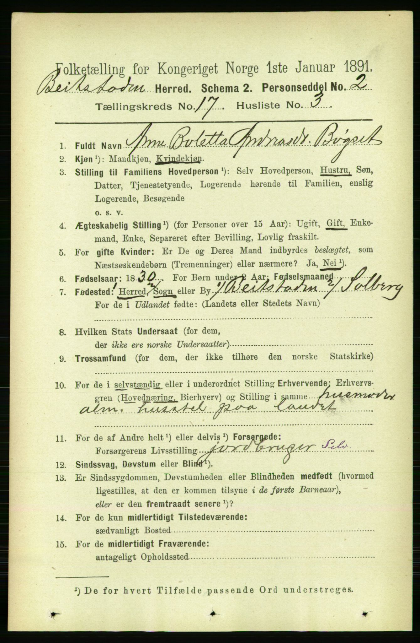 RA, 1891 census for 1727 Beitstad, 1891, p. 4385