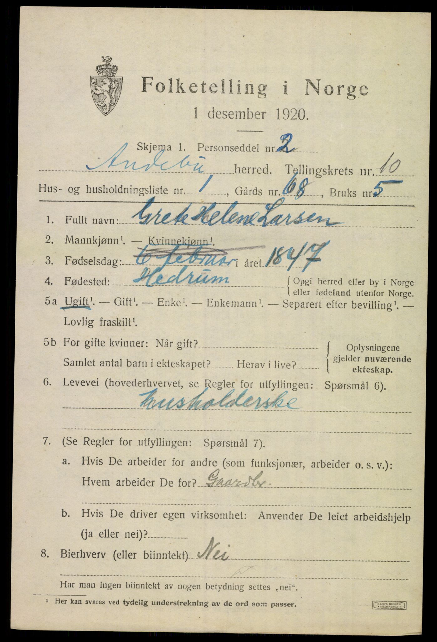 SAKO, 1920 census for Andebu, 1920, p. 4080