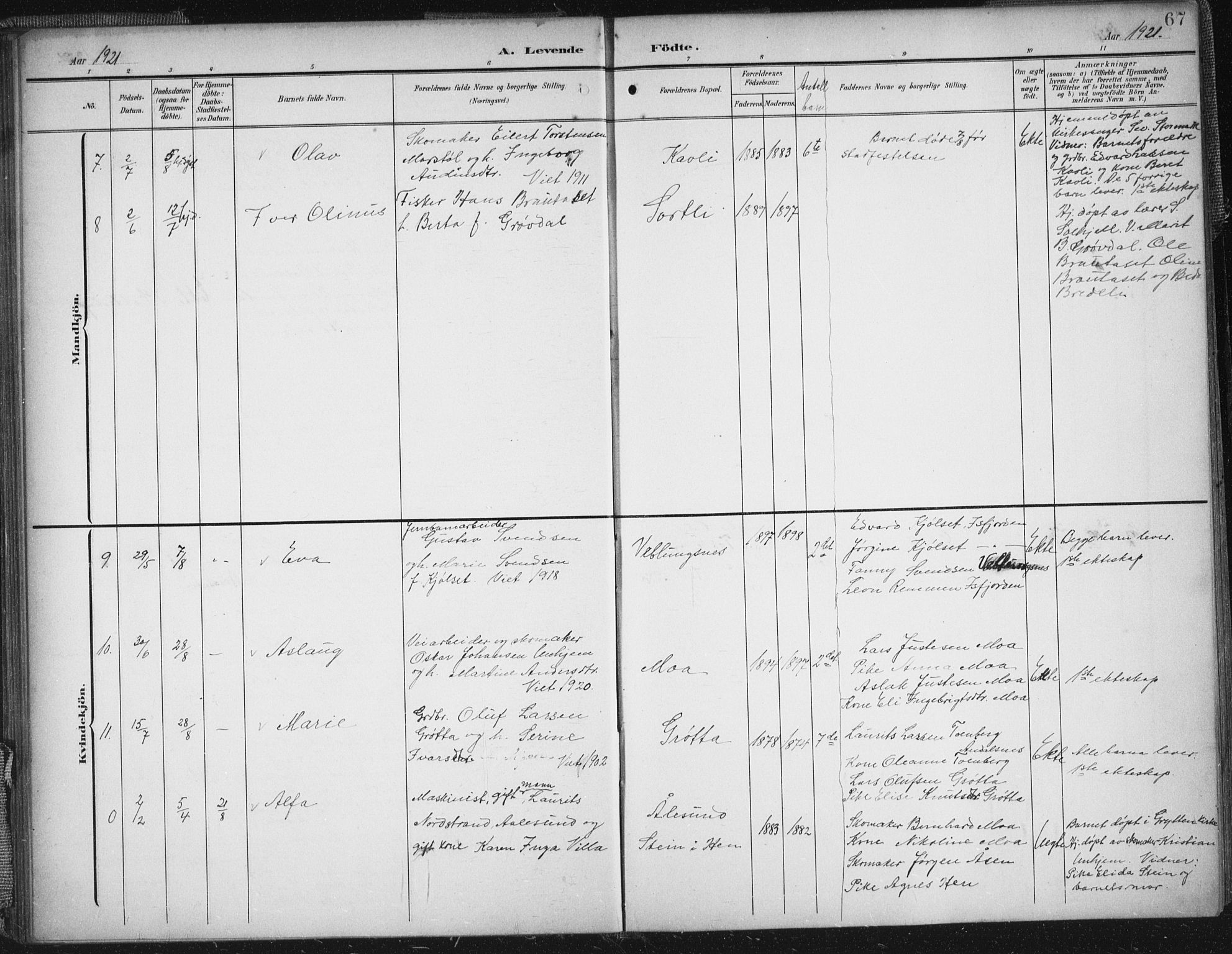 Ministerialprotokoller, klokkerbøker og fødselsregistre - Møre og Romsdal, AV/SAT-A-1454/545/L0589: Parish register (copy) no. 545C03, 1902-1937, p. 67