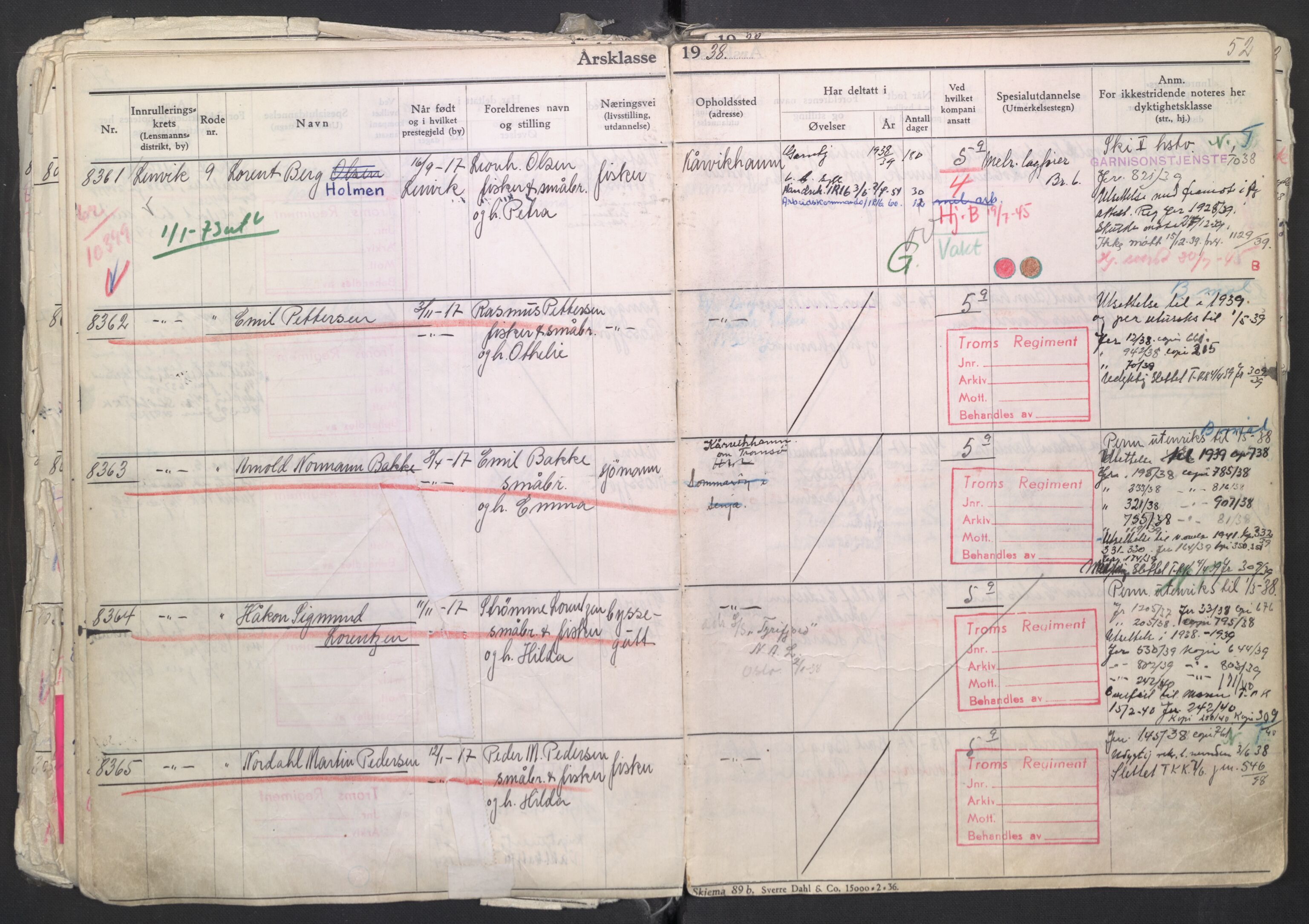 Forsvaret, Troms infanteriregiment nr. 16, AV/RA-RAFA-3146/P/Pa/L0007/0003: Ruller / Rulle for regimentets menige mannskaper, årsklasse 1938, 1938, p. 52