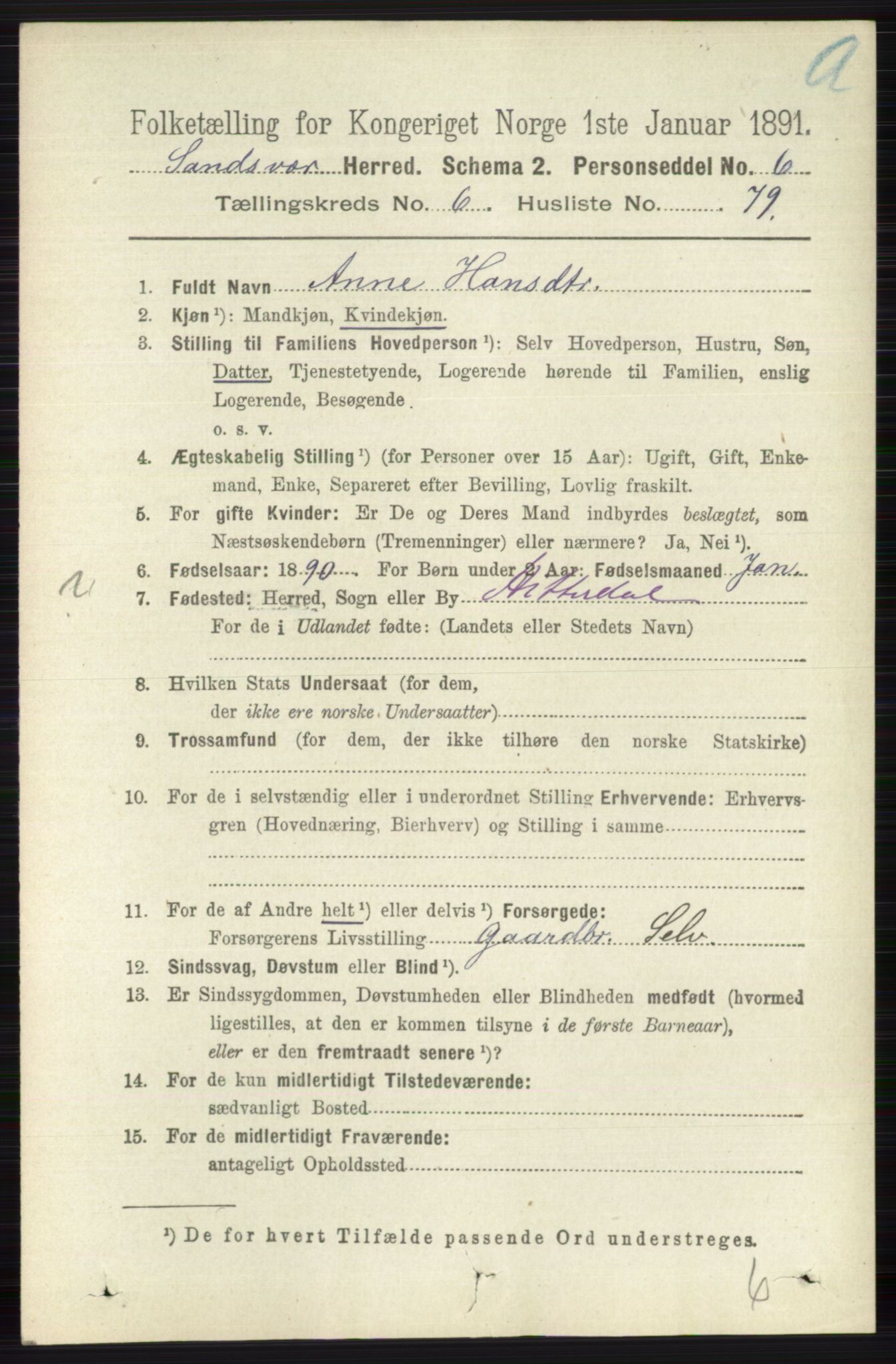 RA, 1891 census for 0629 Sandsvær, 1891, p. 3907