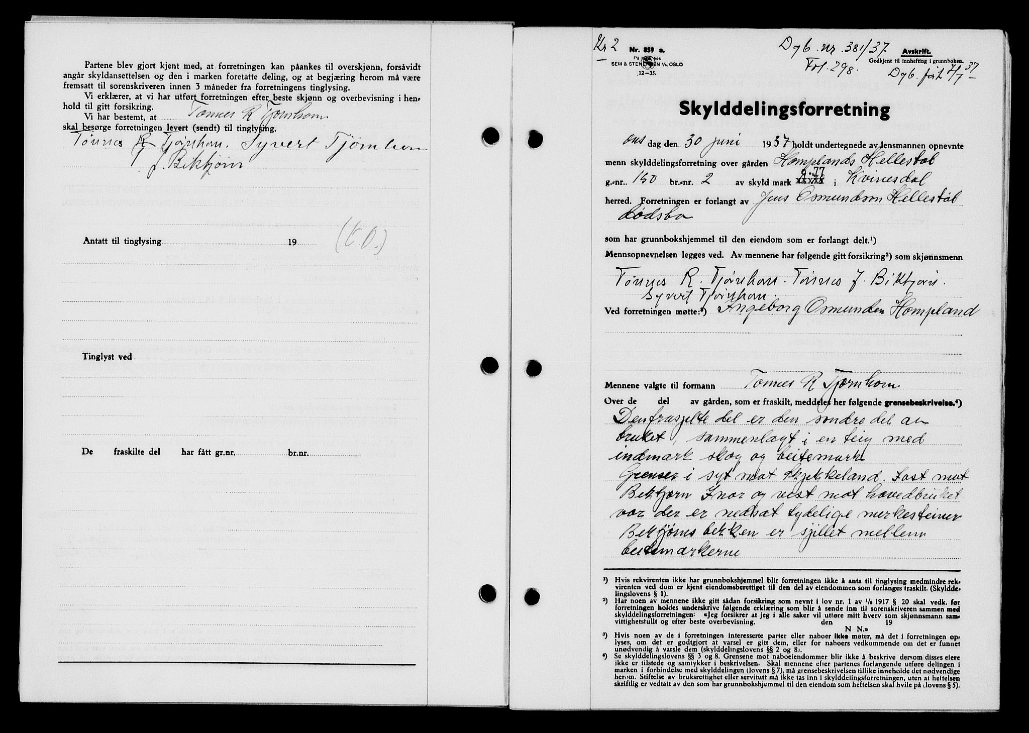 Flekkefjord sorenskriveri, SAK/1221-0001/G/Gb/Gba/L0053: Mortgage book no. A-1, 1936-1937, Diary no: : 381/1937