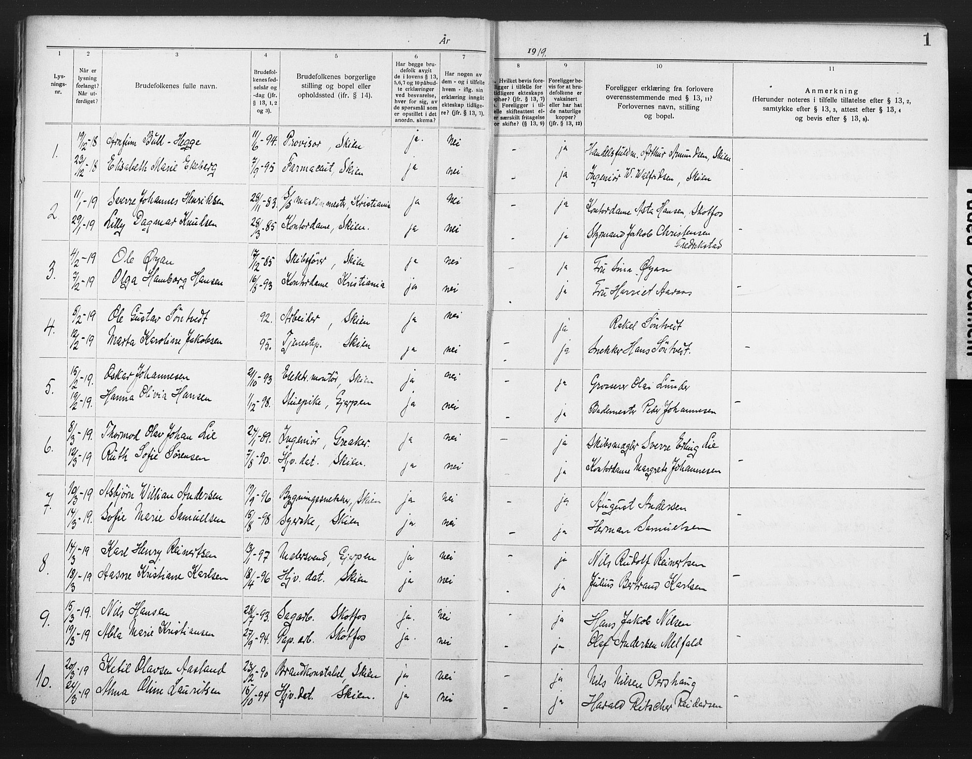 Skien kirkebøker, SAKO/A-302/H/Ha/L0001: Banns register no. 1, 1919-1929, p. 1