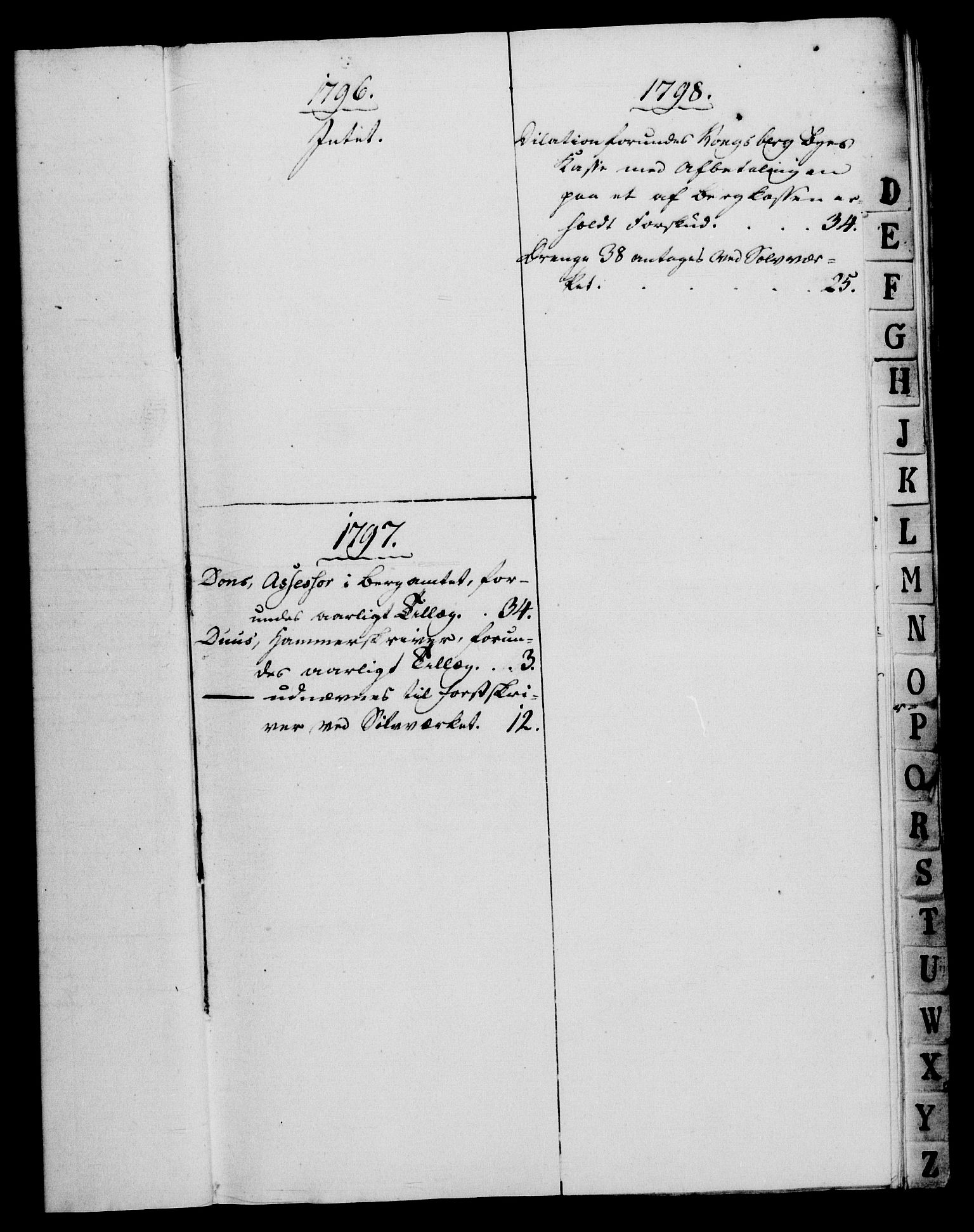 Rentekammeret, Renteskriverkontorene, AV/RA-EA-3115/M/Mf/Mfb/L0003: Relasjons- og resolusjonsprotokoll med register (merket RK 54.9), 1796-1798