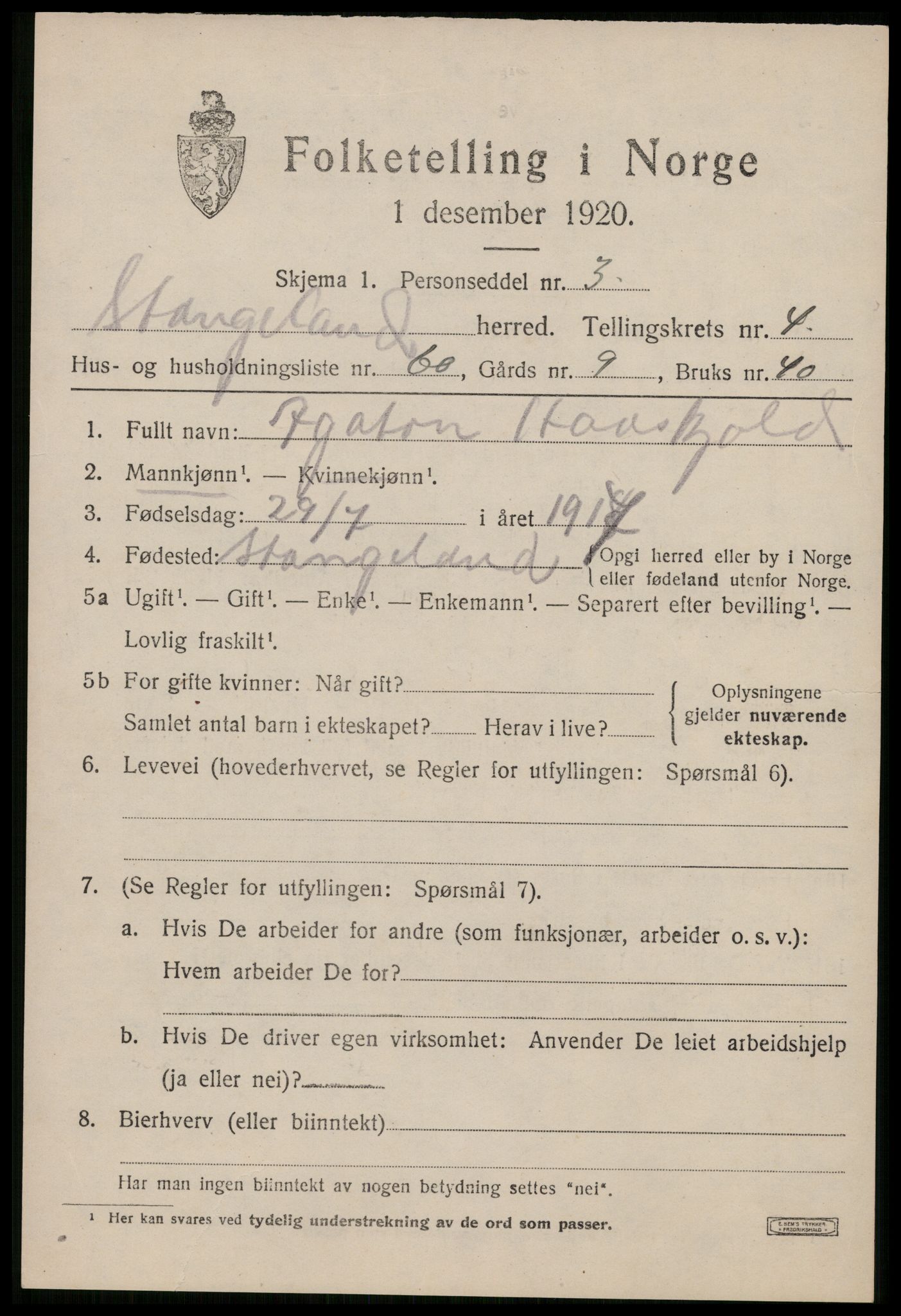 SAST, 1920 census for Stangaland, 1920, p. 3665