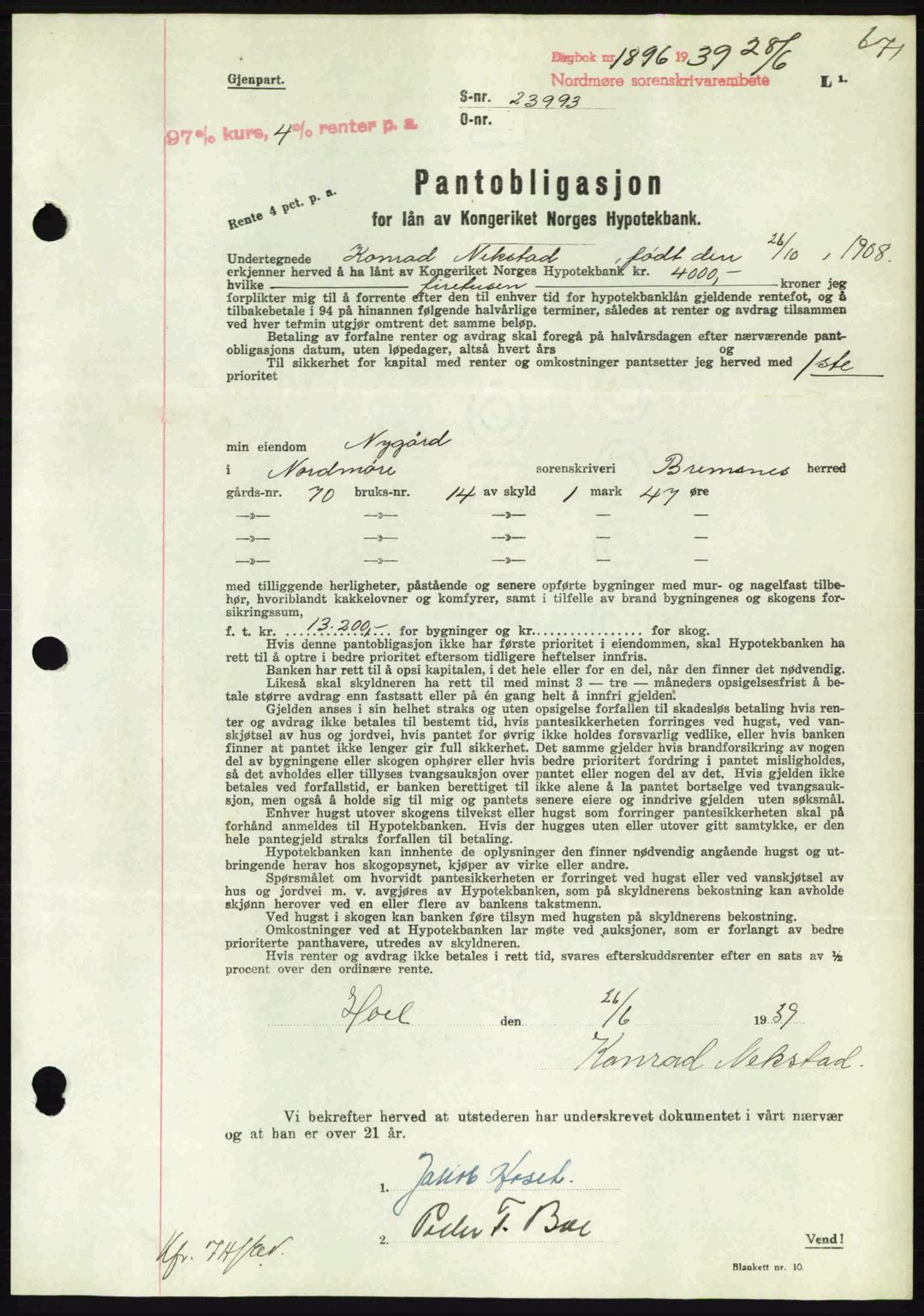 Nordmøre sorenskriveri, AV/SAT-A-4132/1/2/2Ca: Mortgage book no. B85, 1939-1939, Diary no: : 1896/1939