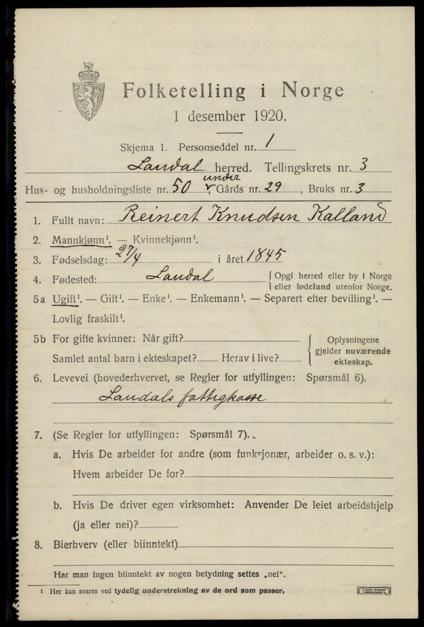 SAK, 1920 census for Laudal, 1920, p. 1378