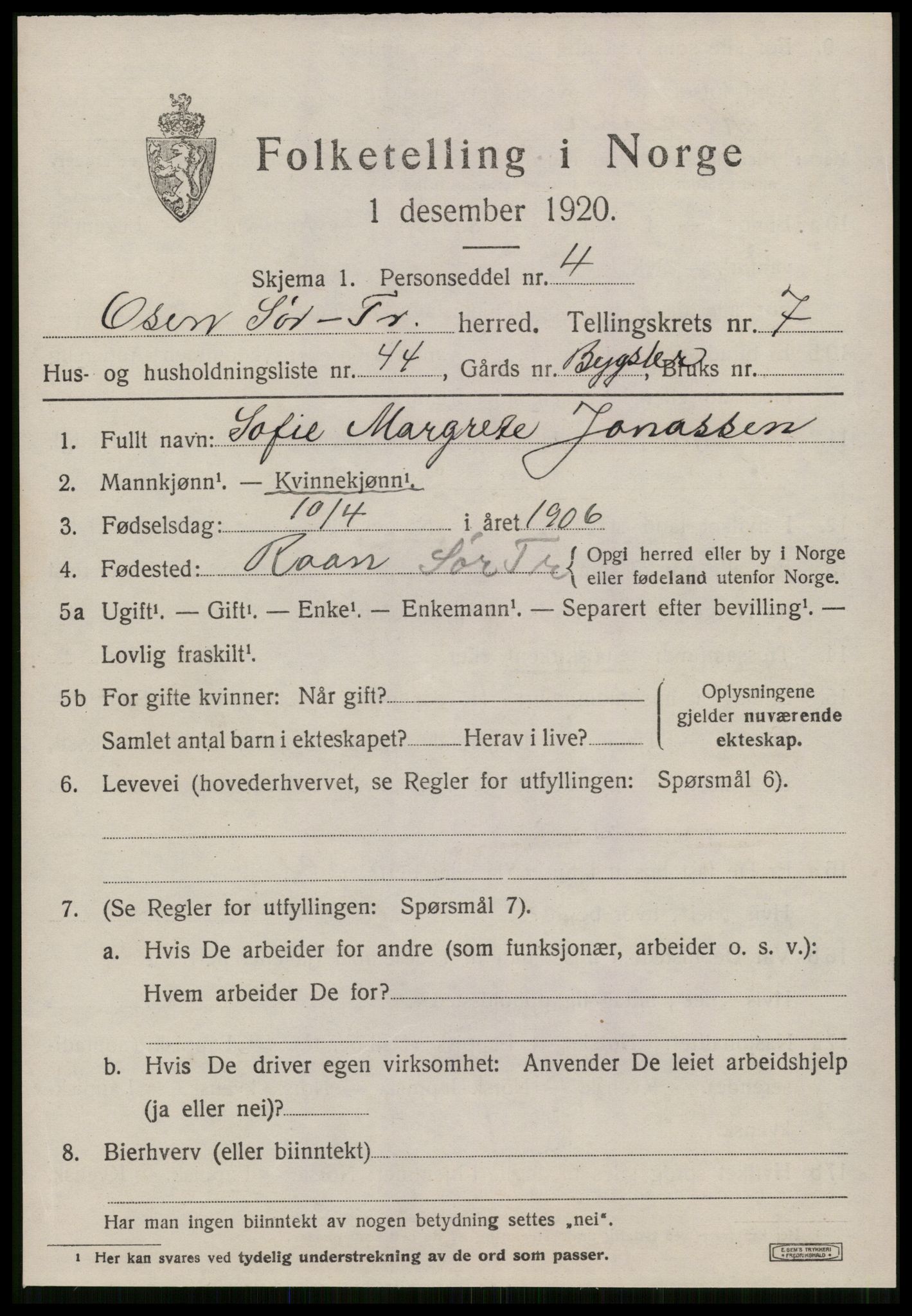 SAT, 1920 census for Osen, 1920, p. 3649