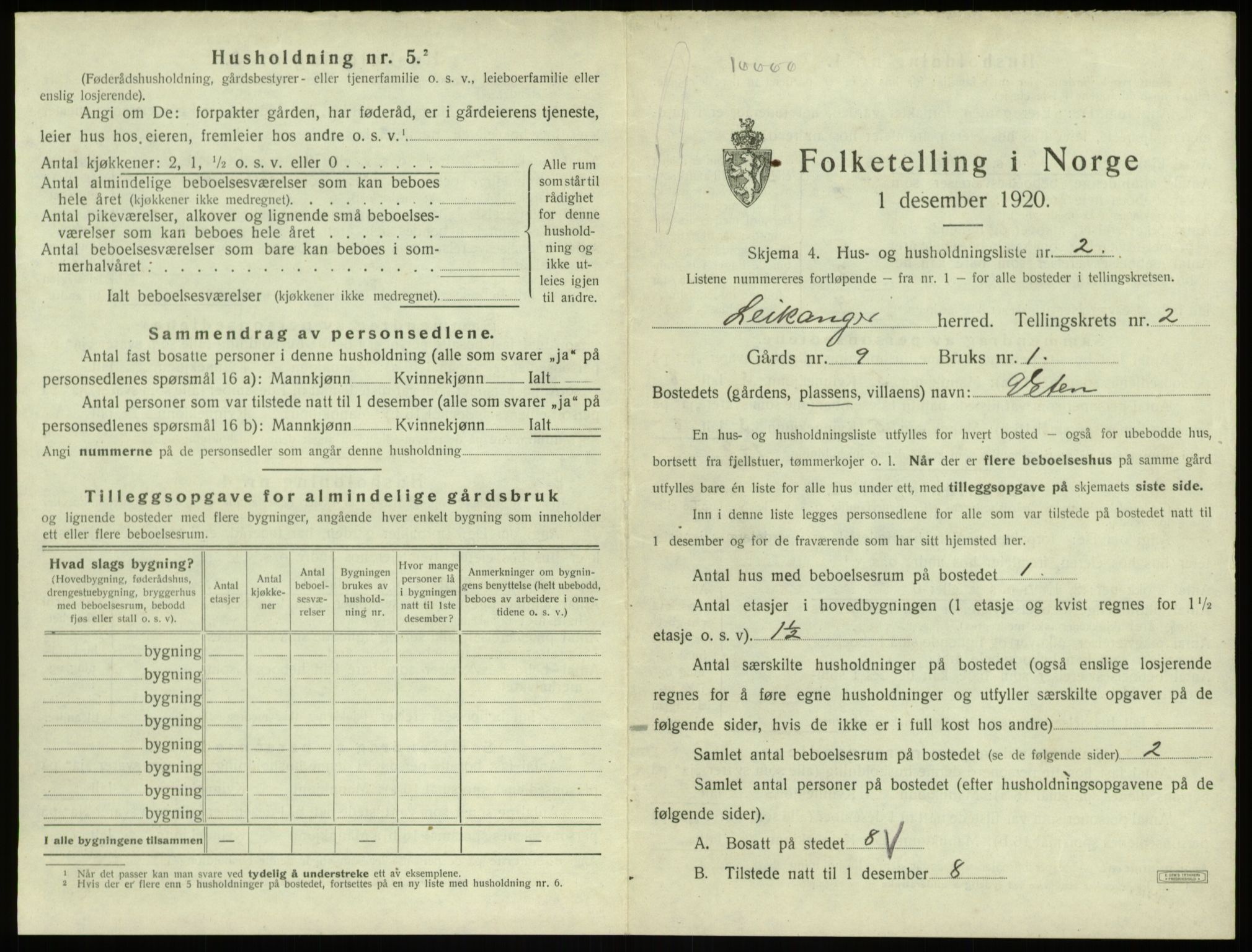 SAB, 1920 census for Leikanger, 1920, p. 123