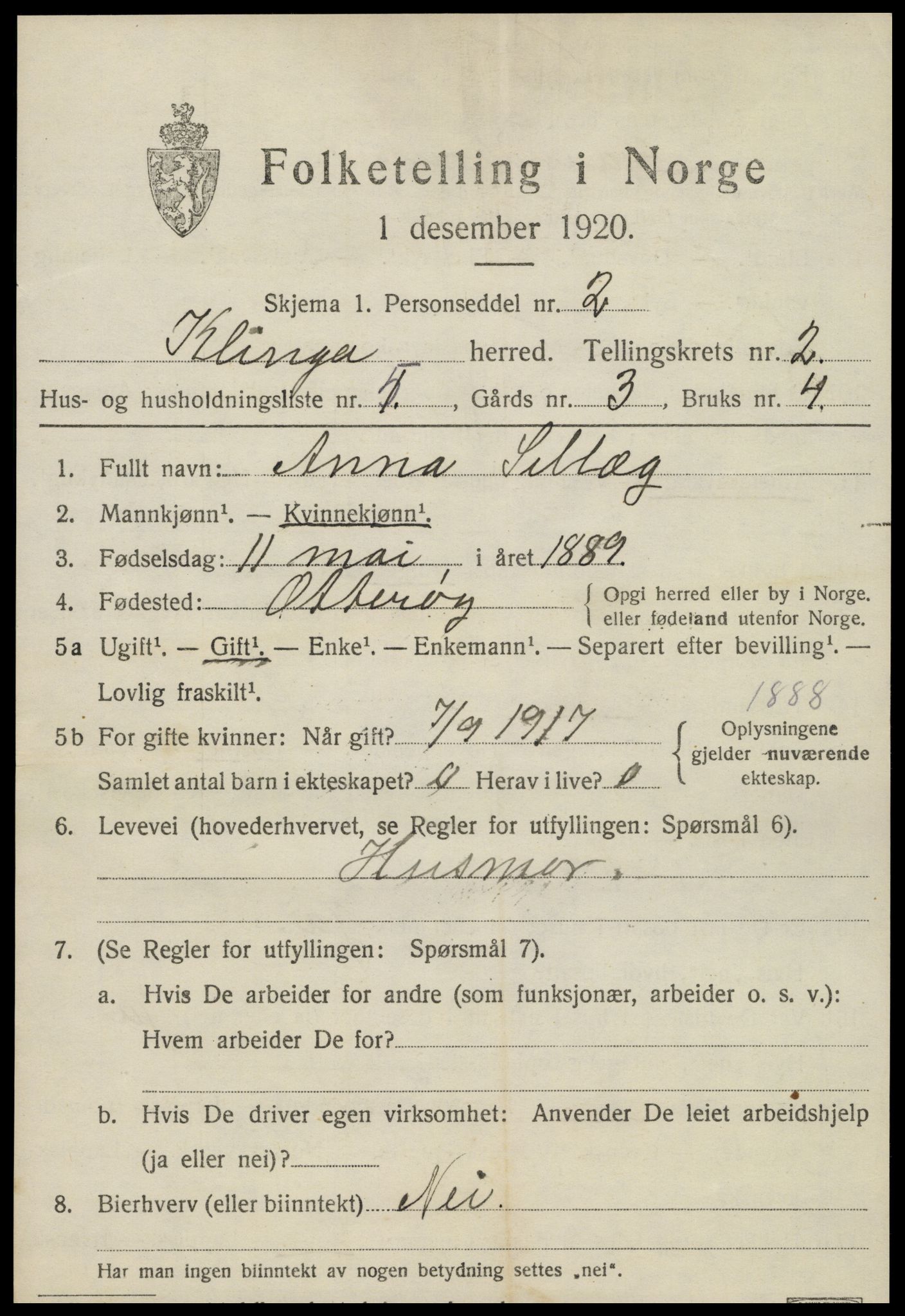 SAT, 1920 census for Klinga, 1920, p. 1439