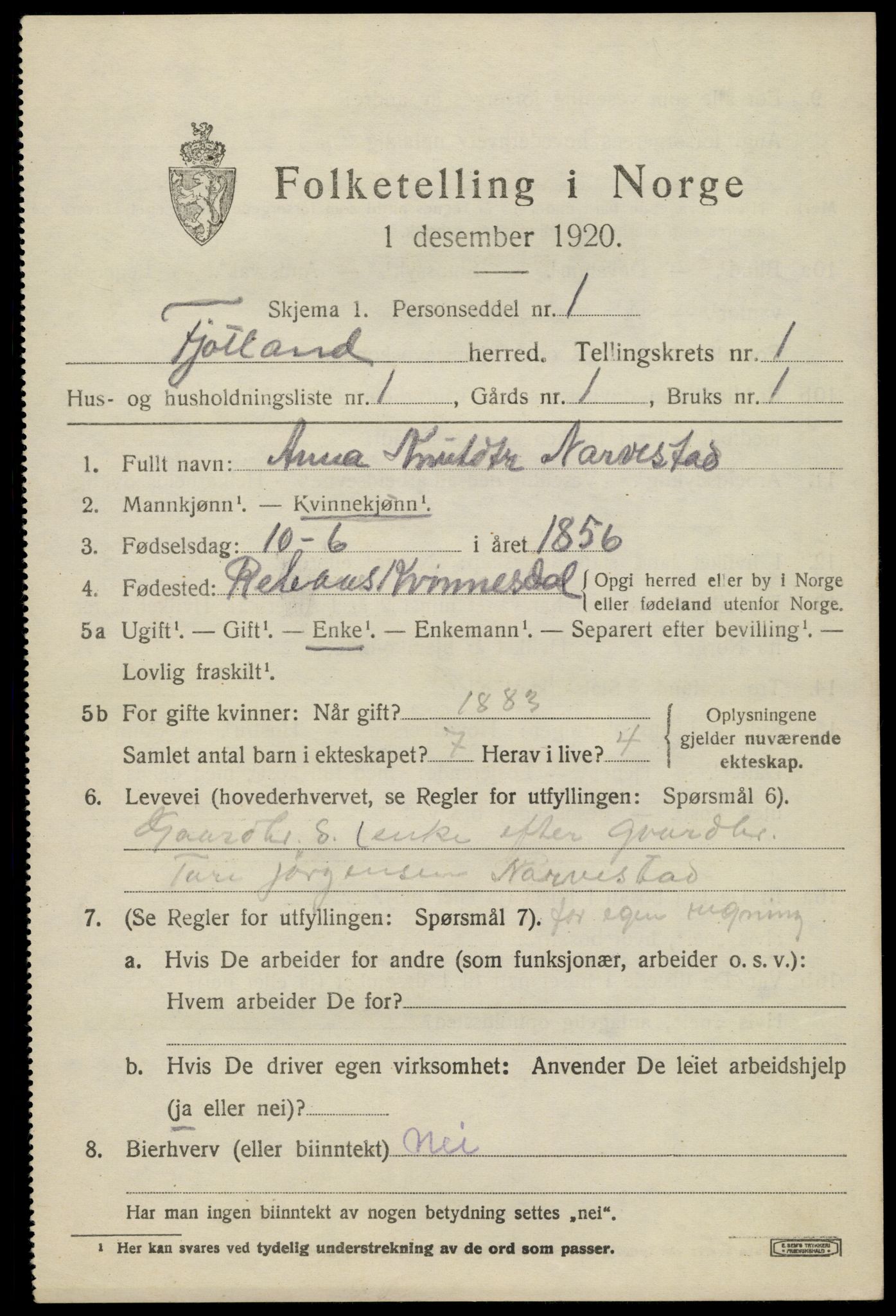 SAK, 1920 census for Fjotland, 1920, p. 424