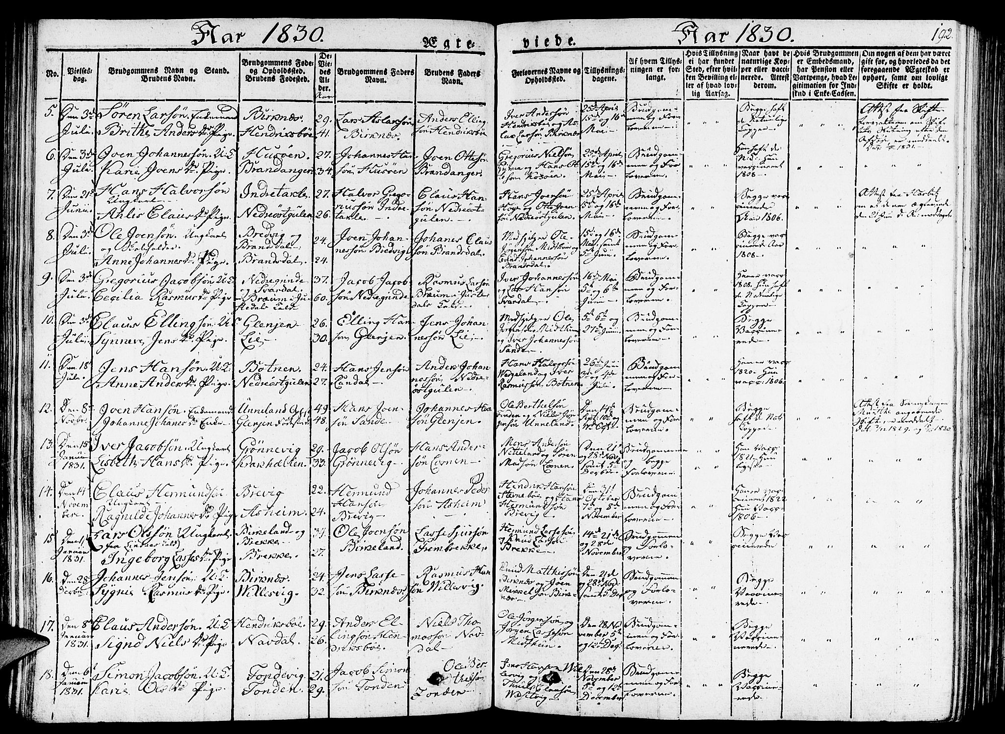 Gulen sokneprestembete, AV/SAB-A-80201/H/Haa/Haaa/L0019: Parish register (official) no. A 19, 1826-1836, p. 192