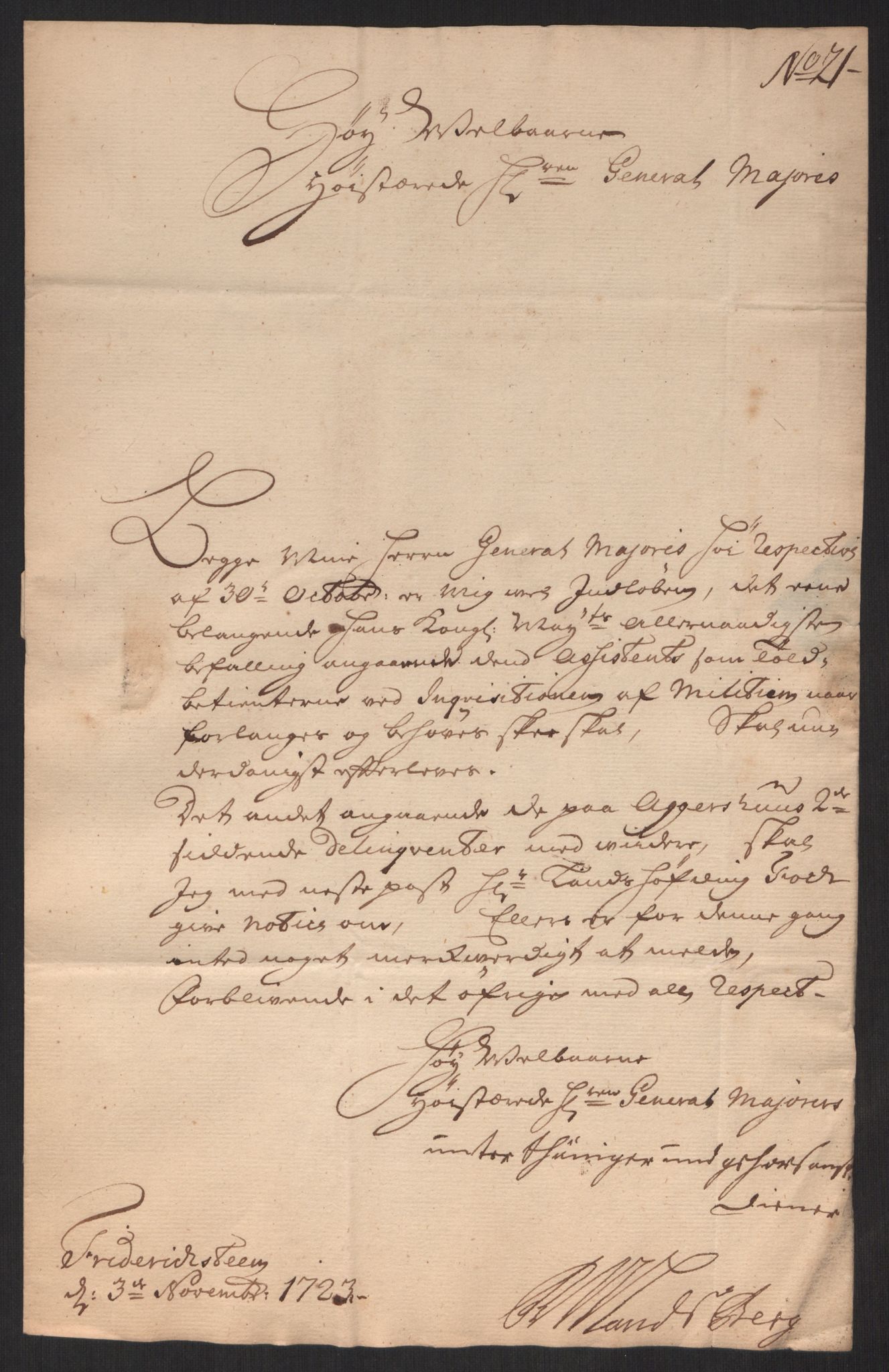 Kommanderende general (KG I) med Det norske krigsdirektorium, AV/RA-EA-5419/D/L0152: Fredriksten festning: Brev, inventarfortegnelser og regnskapsekstrakter, 1720-1723, p. 531