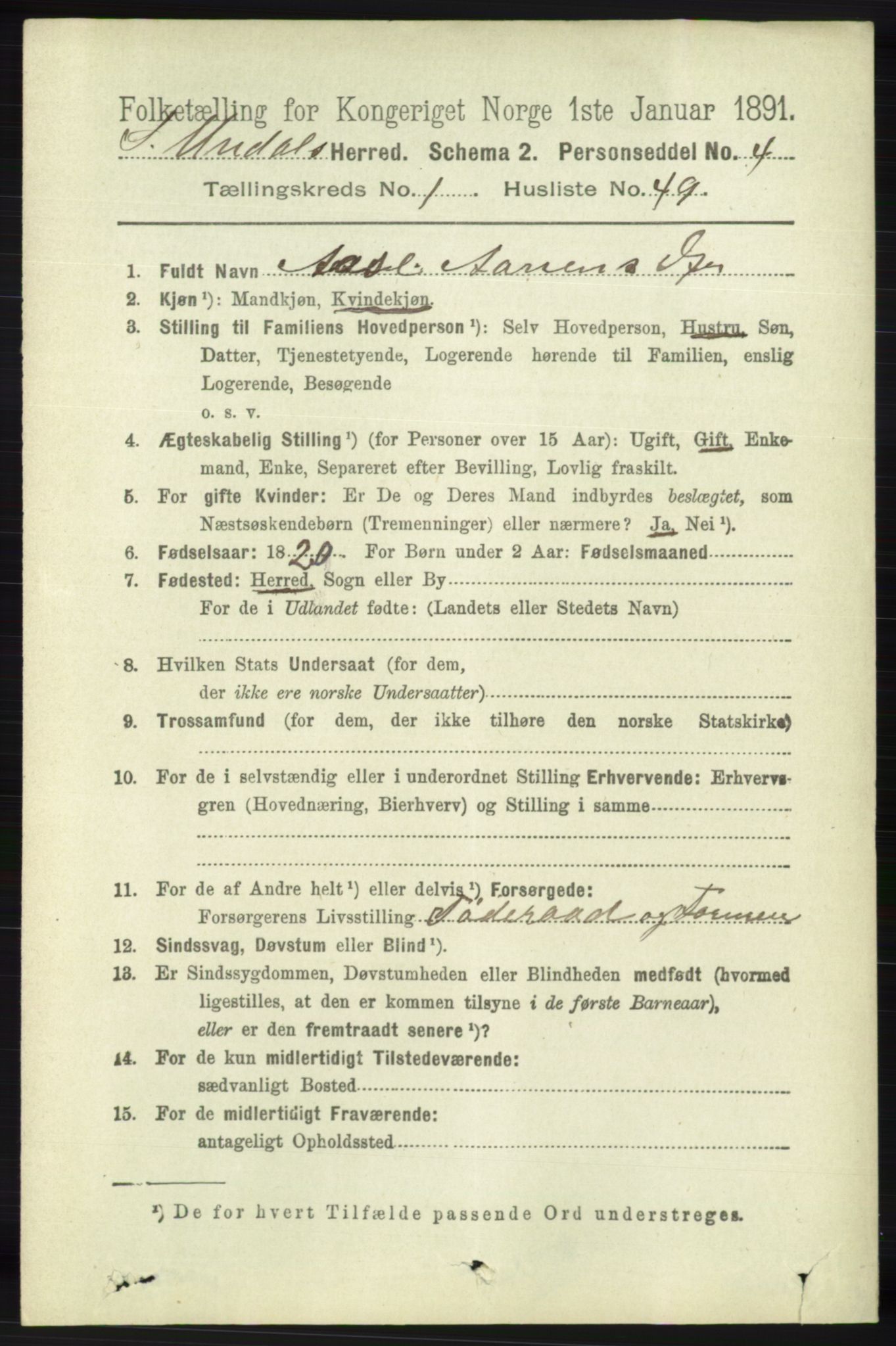 RA, 1891 census for 1029 Sør-Audnedal, 1891, p. 339