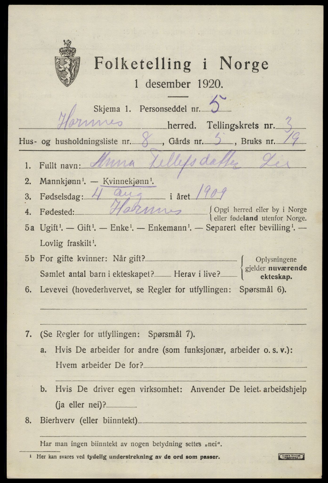 SAK, 1920 census for Hornnes, 1920, p. 887