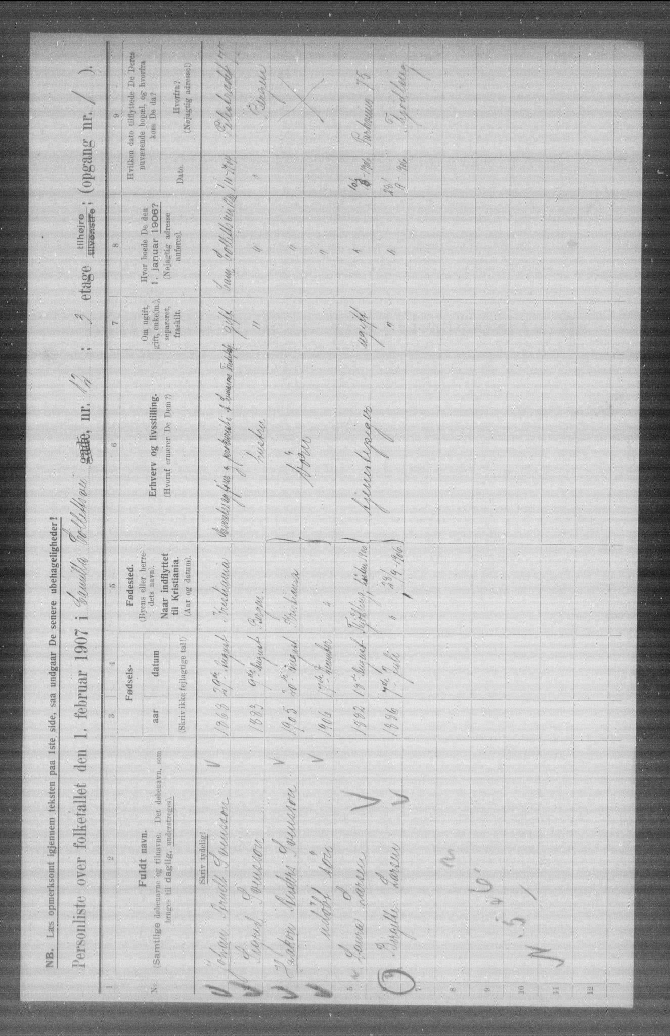 OBA, Municipal Census 1907 for Kristiania, 1907, p. 6044