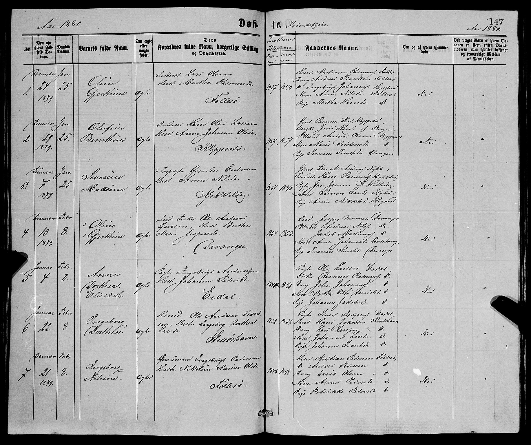 Askøy Sokneprestembete, AV/SAB-A-74101/H/Ha/Hab/Haba/L0007: Parish register (copy) no. A 7, 1871-1881, p. 147