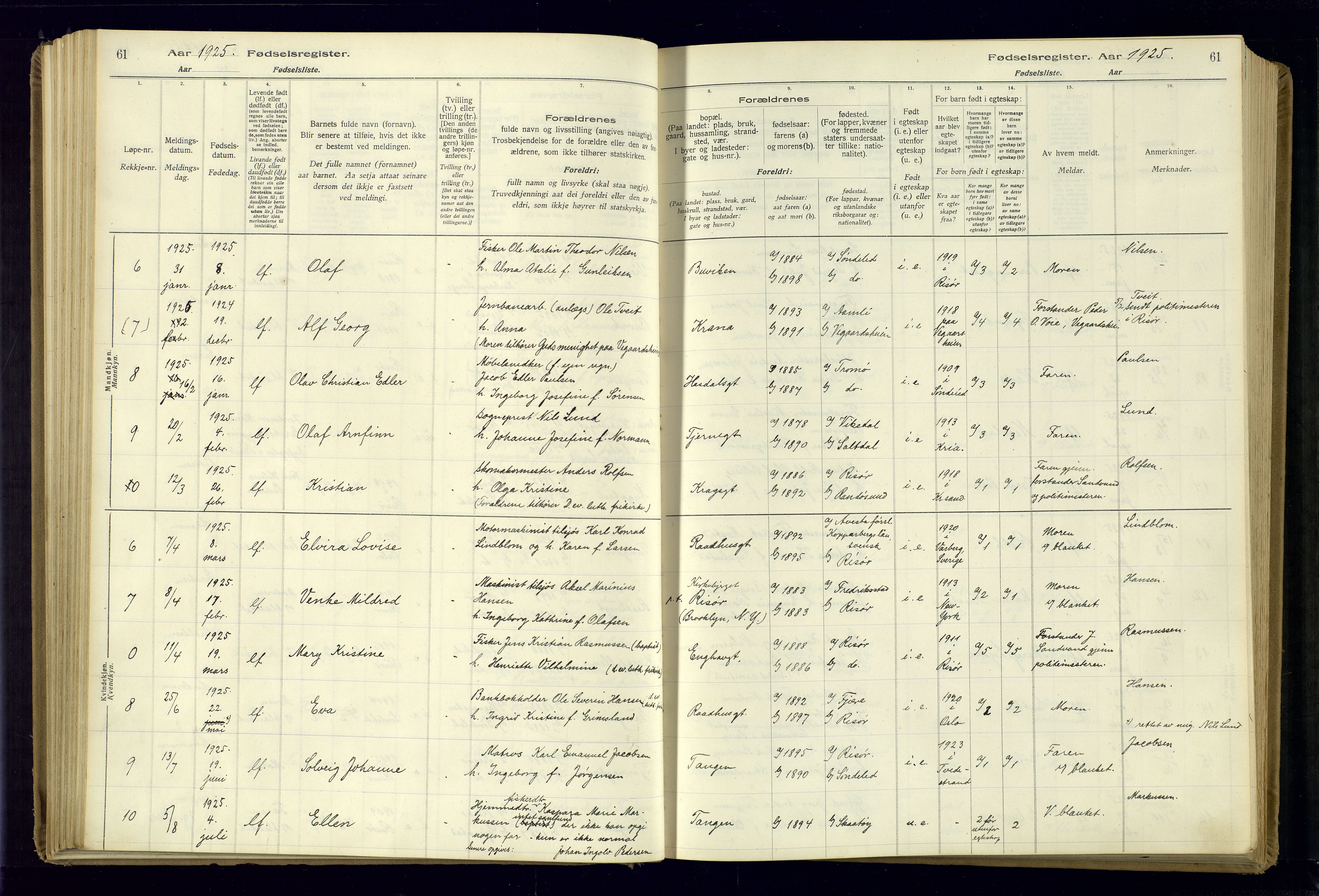 Risør sokneprestkontor, SAK/1111-0035/J/Ja/L0001: Birth register no. A-VI-13, 1916-1947, p. 61