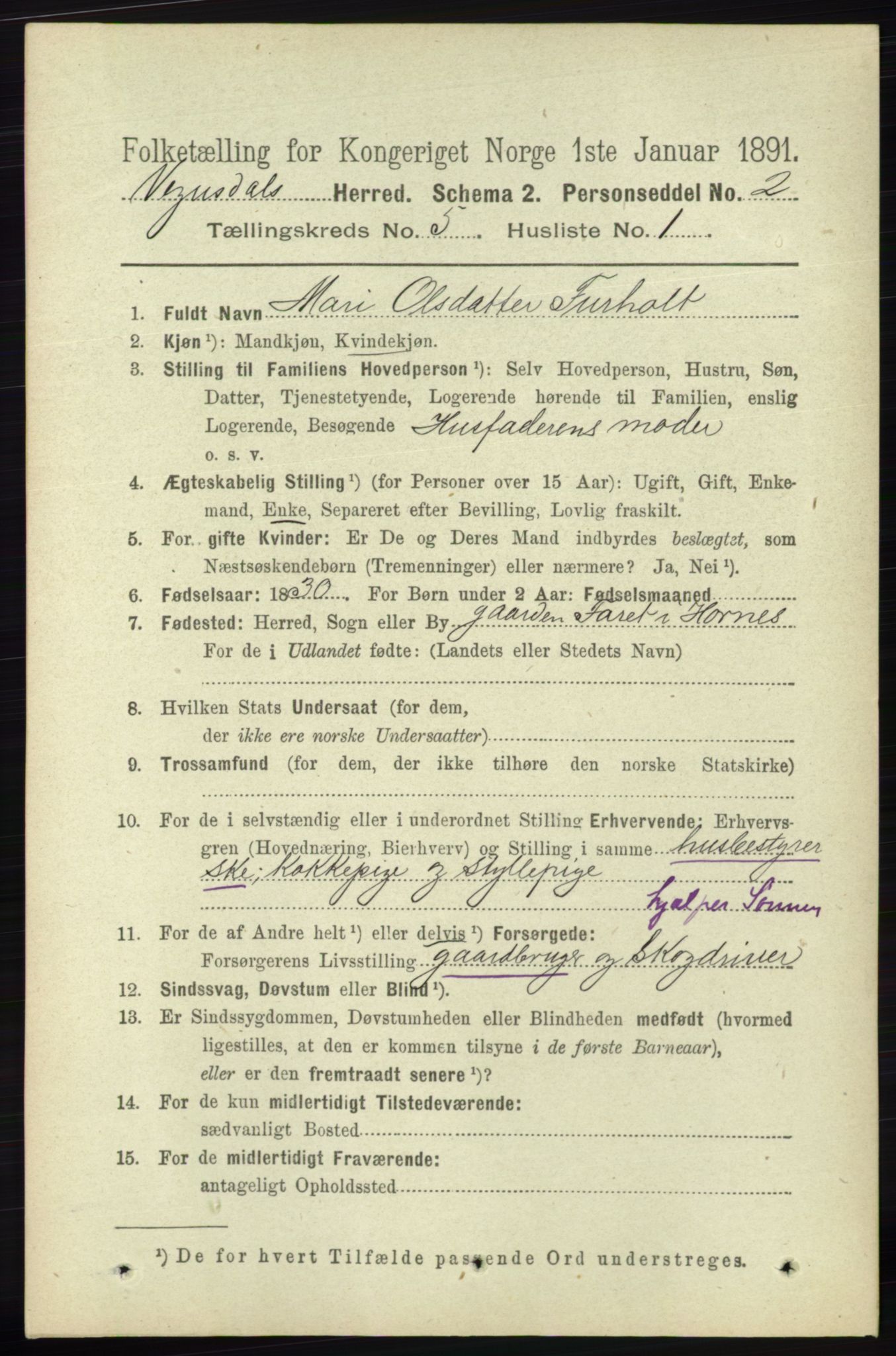 RA, 1891 census for 0934 Vegusdal, 1891, p. 886