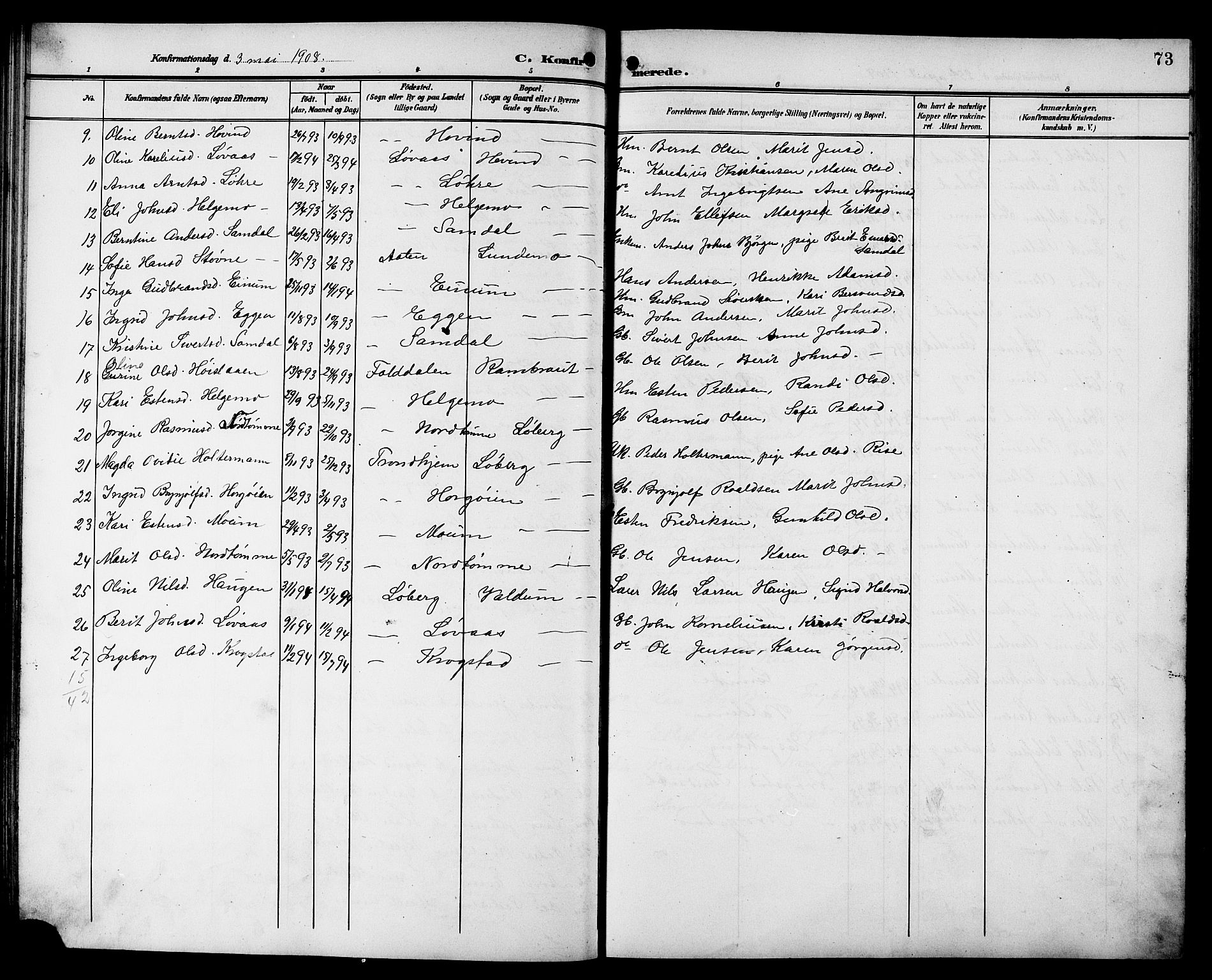 Ministerialprotokoller, klokkerbøker og fødselsregistre - Sør-Trøndelag, SAT/A-1456/692/L1112: Parish register (copy) no. 692C07, 1904-1918, p. 73