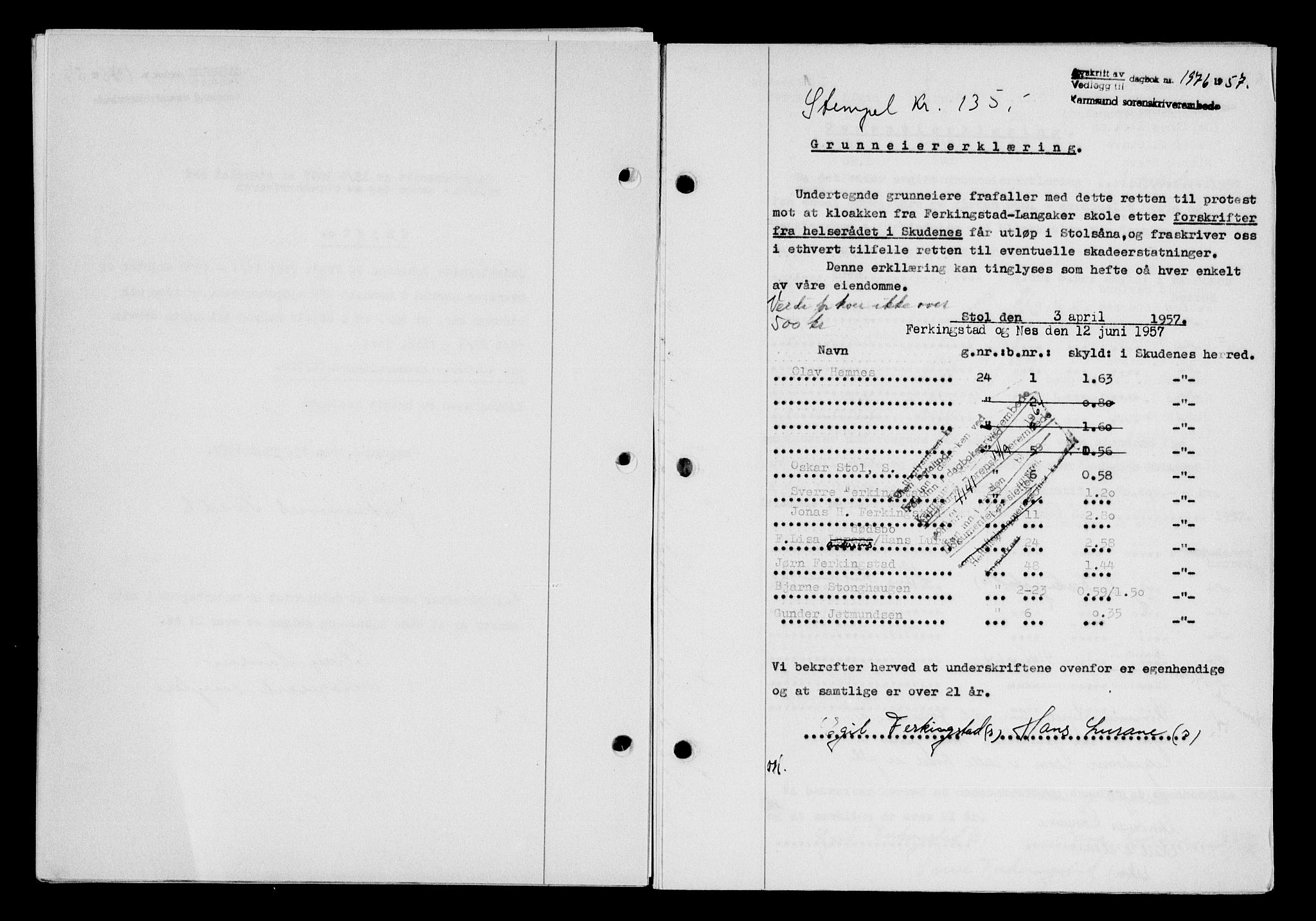 Karmsund sorenskriveri, AV/SAST-A-100311/01/II/IIB/L0125: Mortgage book no. 105A, 1957-1957, Diary no: : 1976/1957