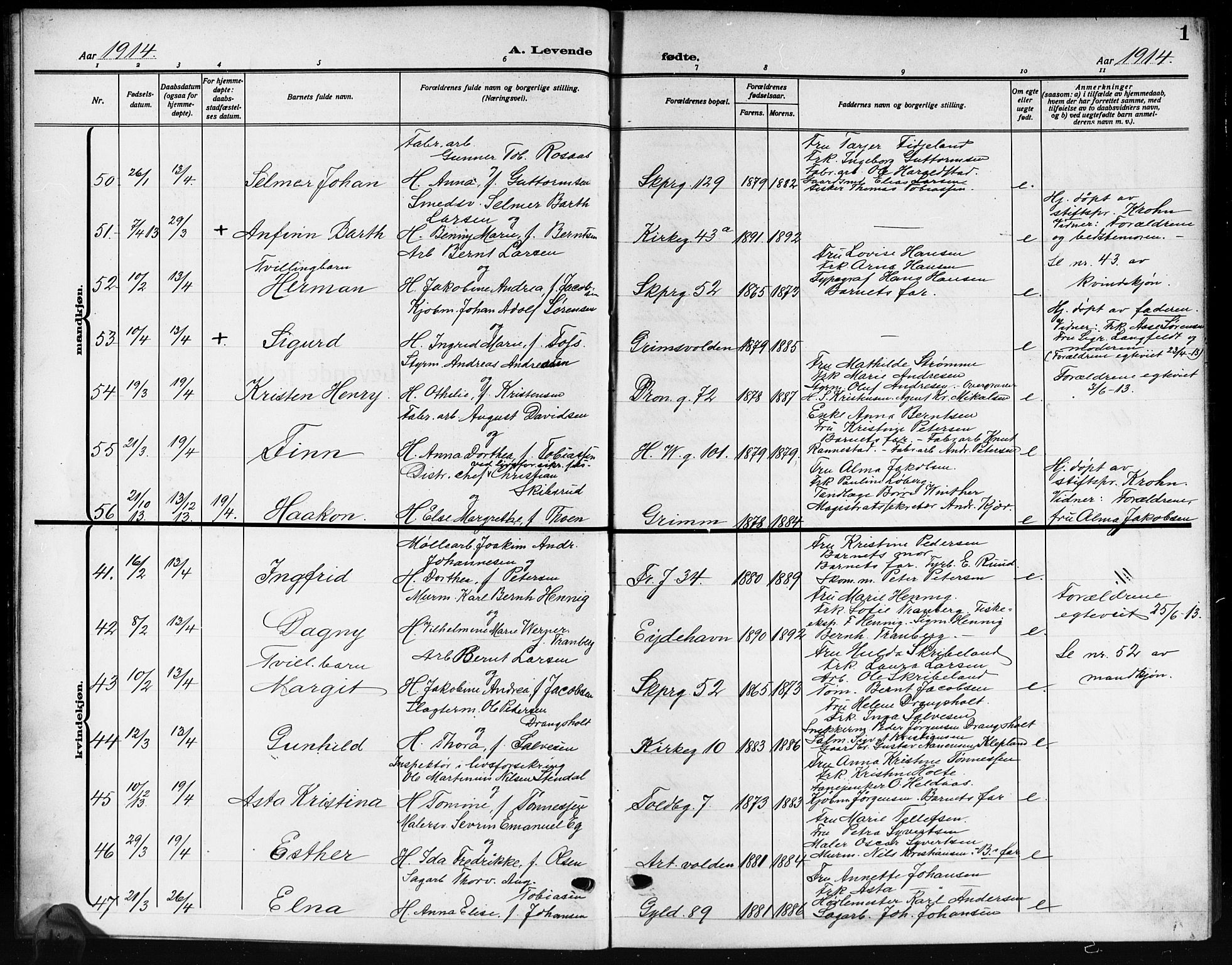 Kristiansand domprosti, SAK/1112-0006/F/Fb/L0021: Parish register (copy) no. B 21, 1914-1923, p. 1