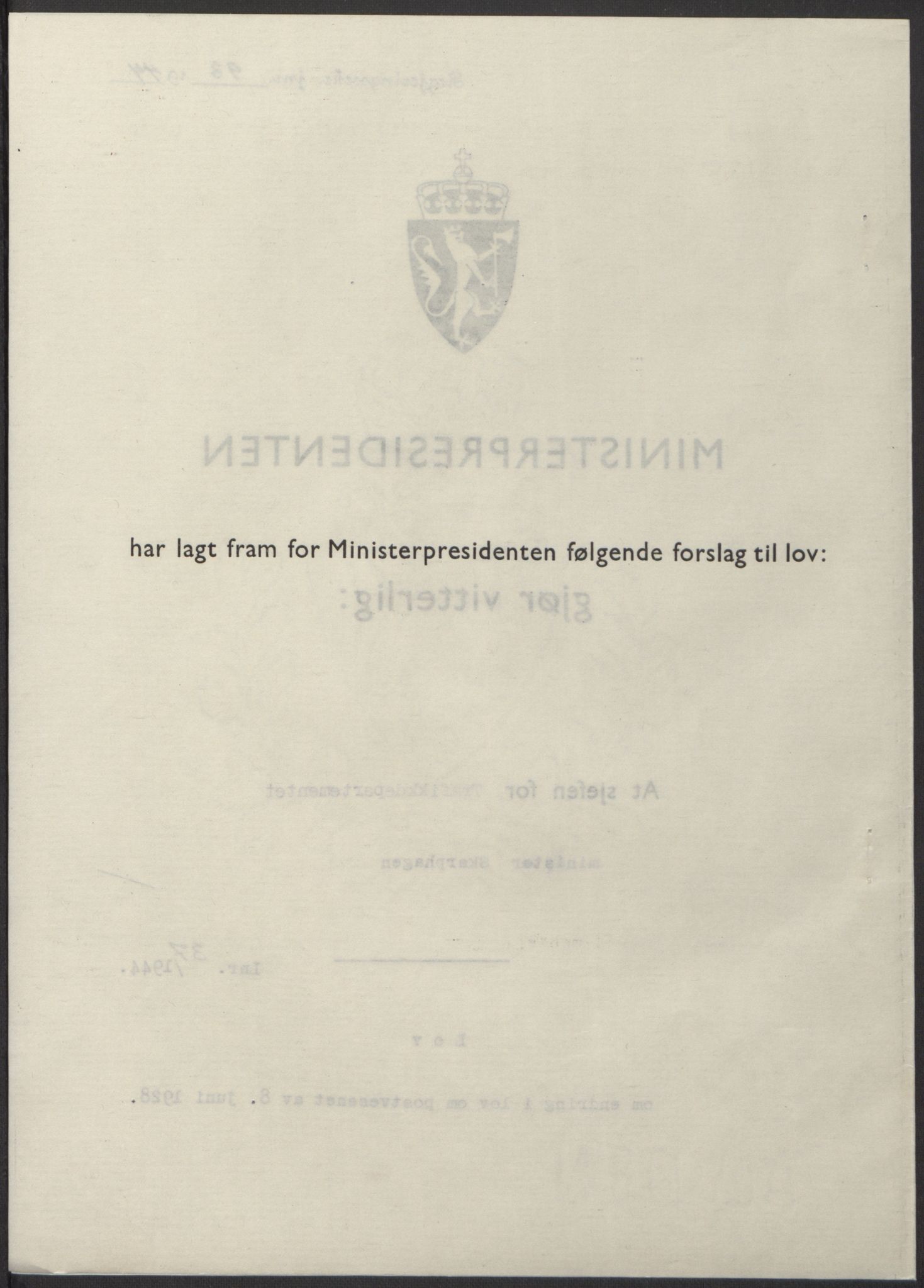 NS-administrasjonen 1940-1945 (Statsrådsekretariatet, de kommisariske statsråder mm), AV/RA-S-4279/D/Db/L0100: Lover, 1944, p. 182