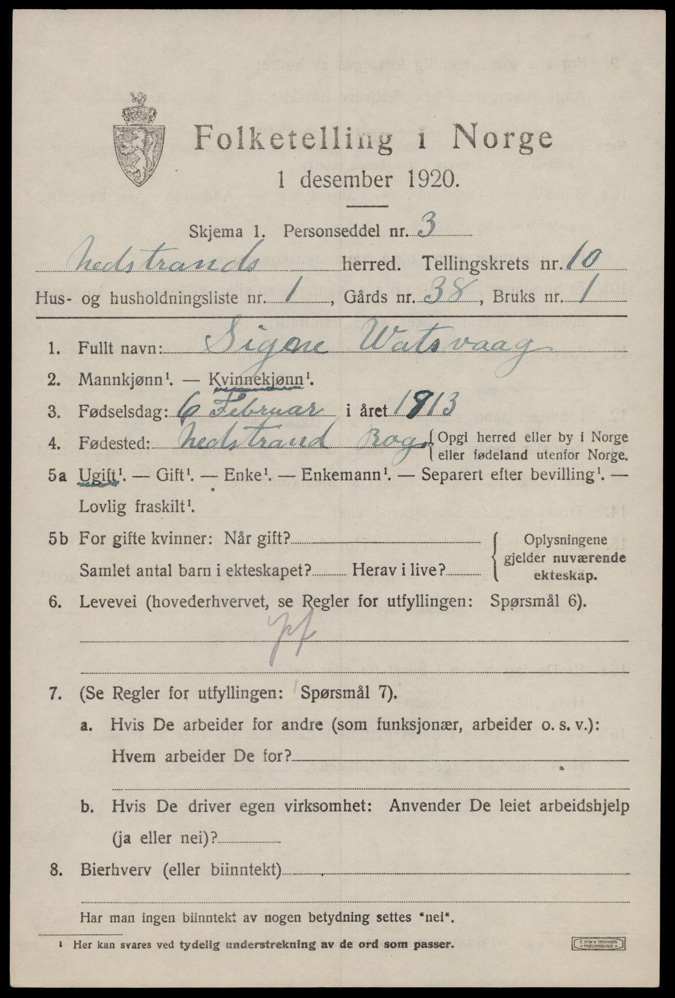 SAST, 1920 census for Nedstrand, 1920, p. 3347