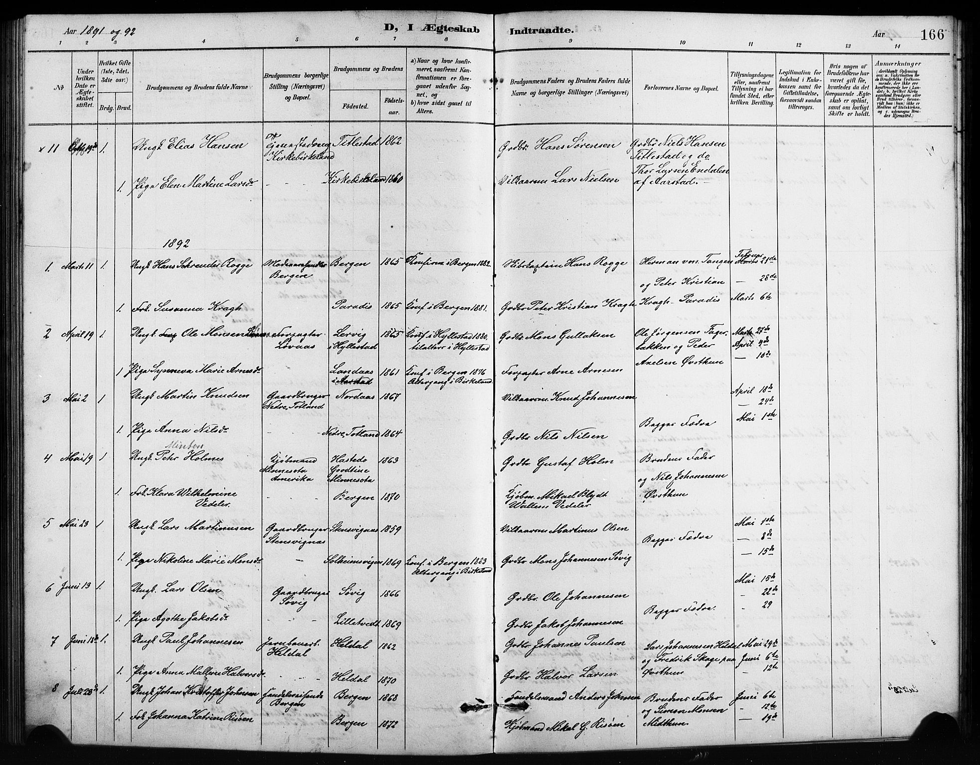 Birkeland Sokneprestembete, SAB/A-74601/H/Hab: Parish register (copy) no. A 4, 1888-1897, p. 166