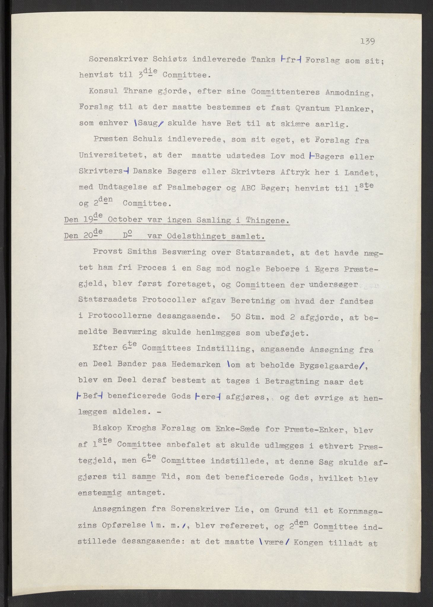 Manuskriptsamlingen, AV/RA-EA-3667/F/L0197: Wetlesen, Hans Jørgen (stortingsmann, ingeniørkaptein); Referat fra Stortinget 1815-1816, 1815-1816, p. 139