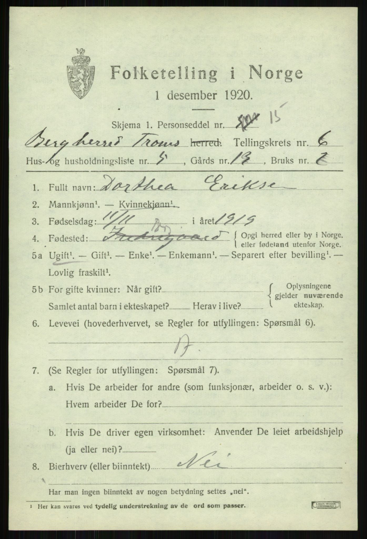 SATØ, 1920 census for Berg, 1920, p. 2153