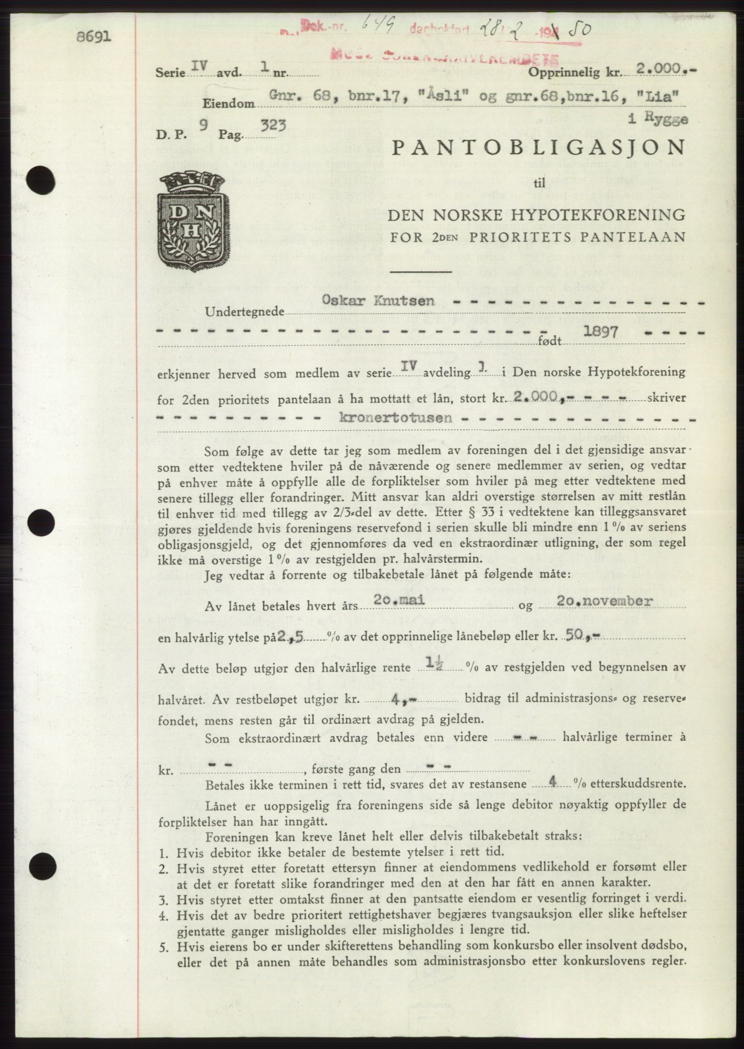 Moss sorenskriveri, SAO/A-10168: Mortgage book no. B23, 1949-1950, Diary no: : 649/1950