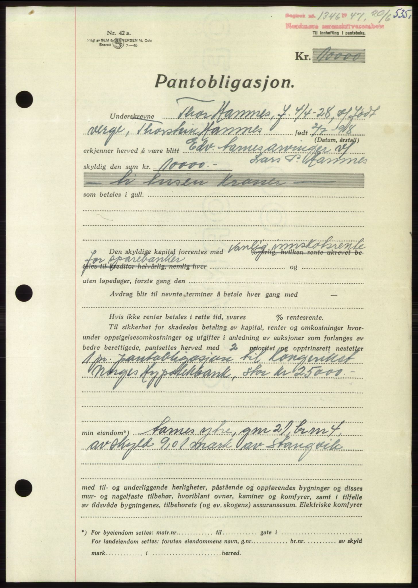 Nordmøre sorenskriveri, AV/SAT-A-4132/1/2/2Ca: Mortgage book no. B96, 1947-1947, Diary no: : 1346/1947