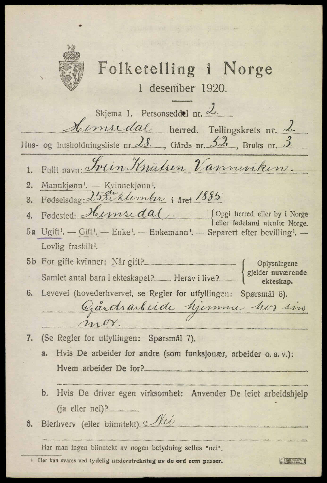 SAKO, 1920 census for Hemsedal, 1920, p. 982