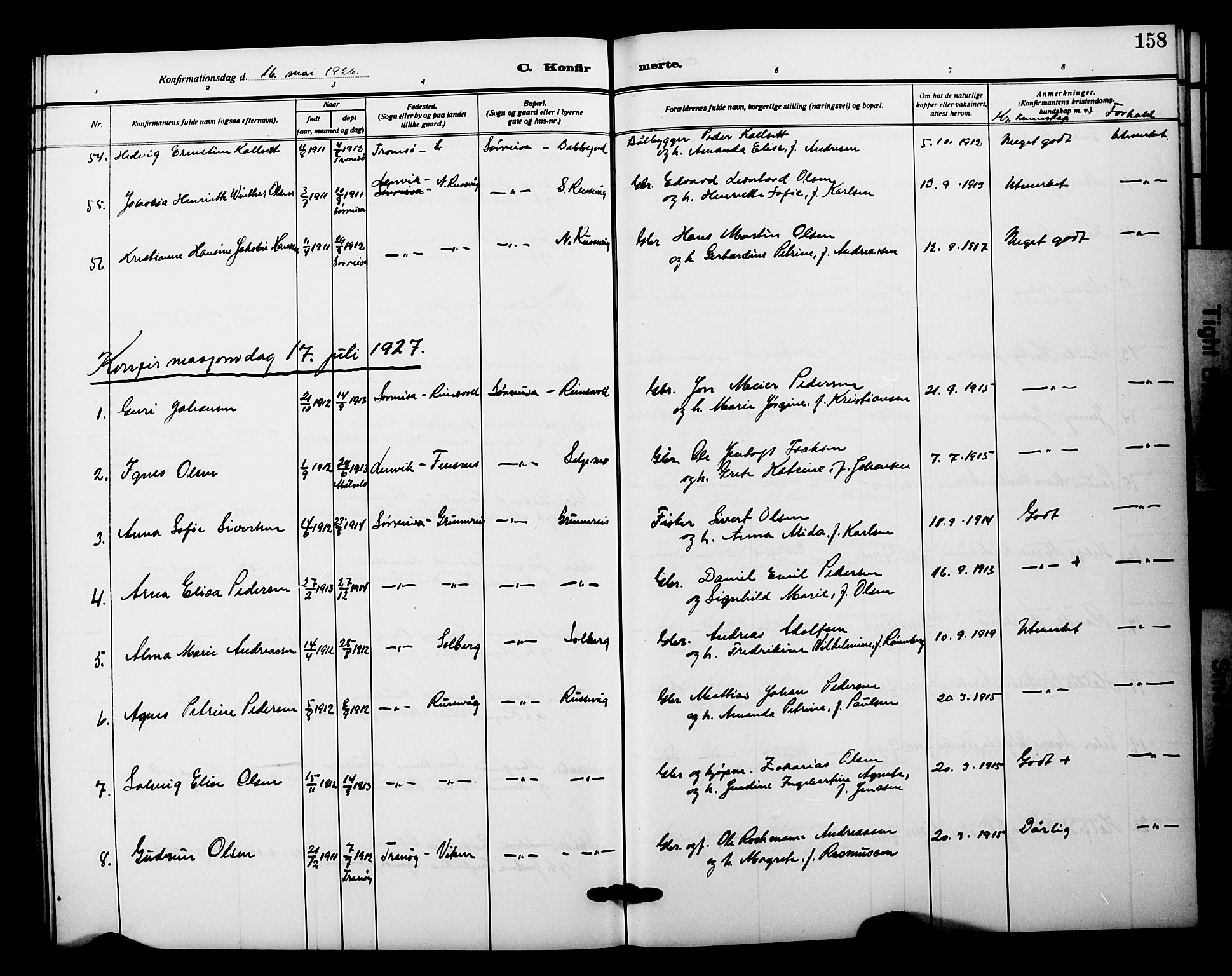 Tranøy sokneprestkontor, SATØ/S-1313/I/Ia/Iab/L0023klokker: Parish register (copy) no. 23, 1913-1928, p. 158