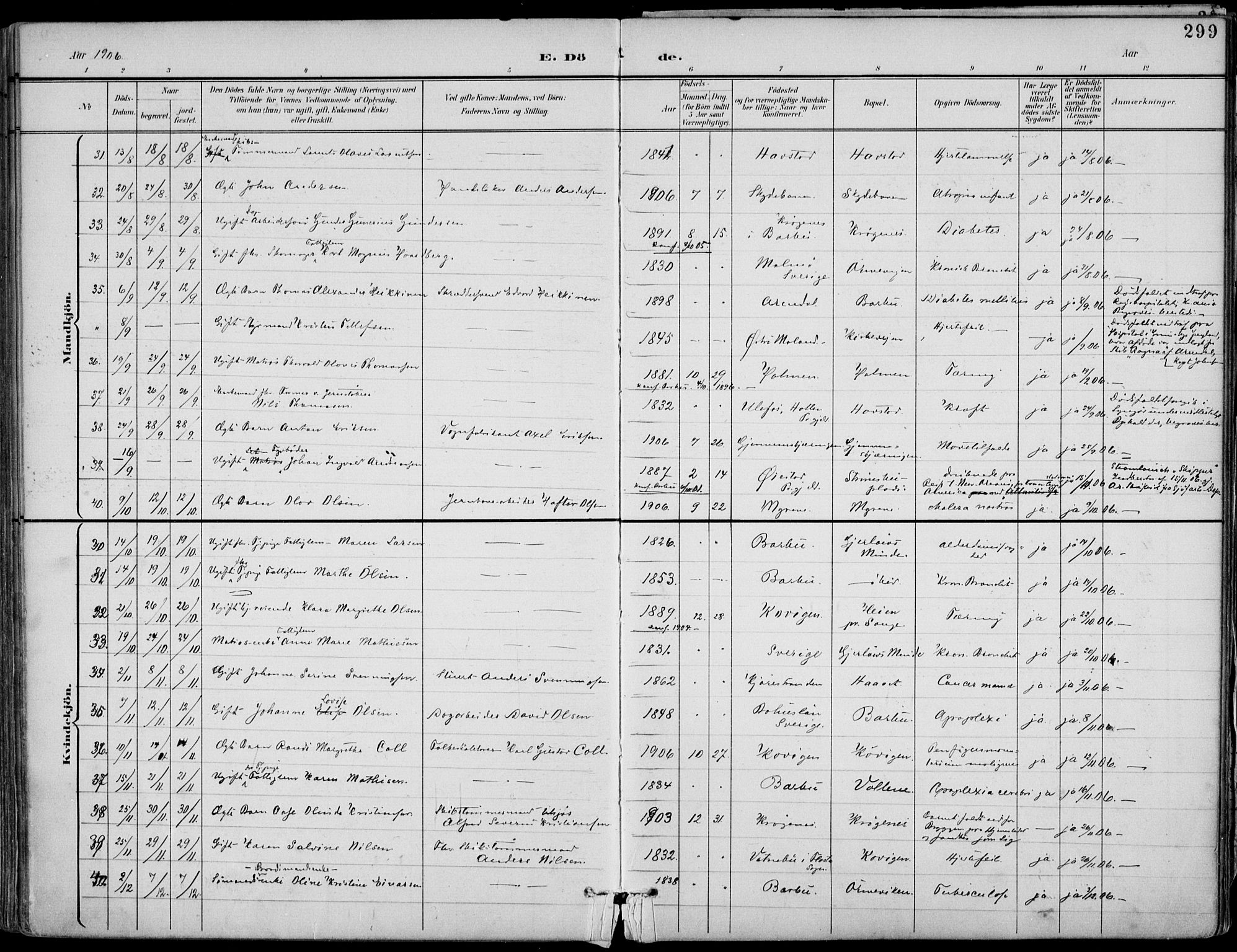 Barbu sokneprestkontor, AV/SAK-1111-0003/F/Fa/L0005: Parish register (official) no. A 5, 1899-1909, p. 299