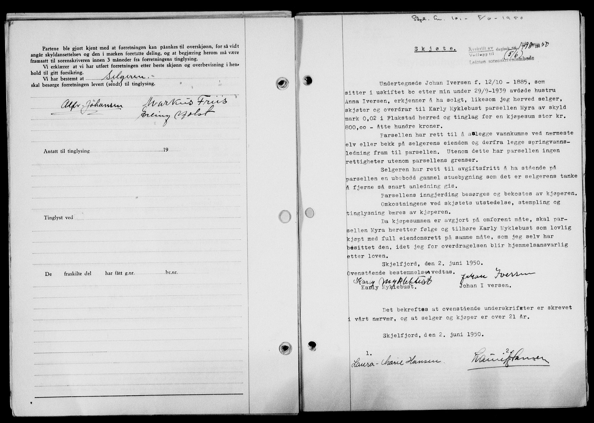 Lofoten sorenskriveri, SAT/A-0017/1/2/2C/L0023a: Mortgage book no. 23a, 1950-1950, Diary no: : 1498/1950
